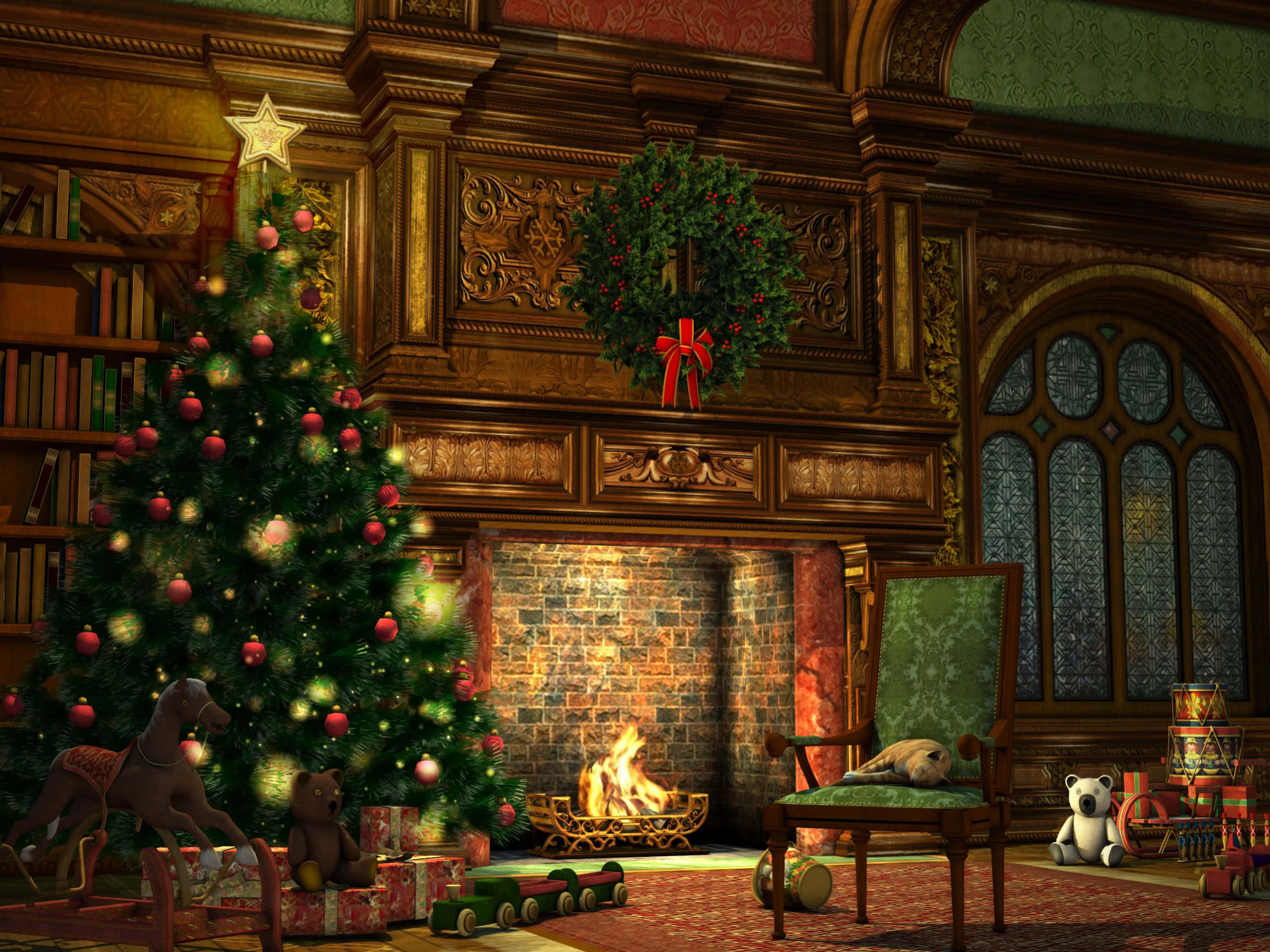 traditional christmas fireplace scene, grand ornate fireplace, lush green Christmas tree, 2K Desktop Wallpaper