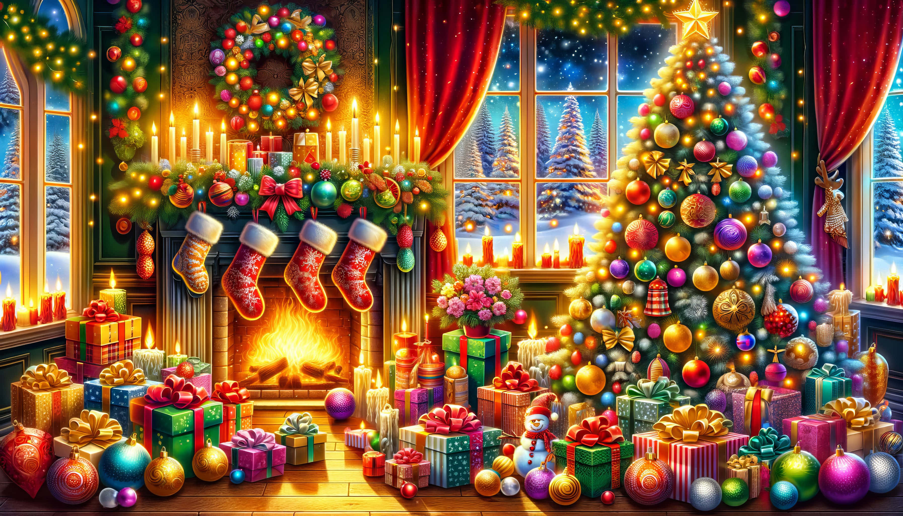 Festive Christmas Fireplace Scene, glowing fireplace, stockings, 2K Desktop Wallpaper