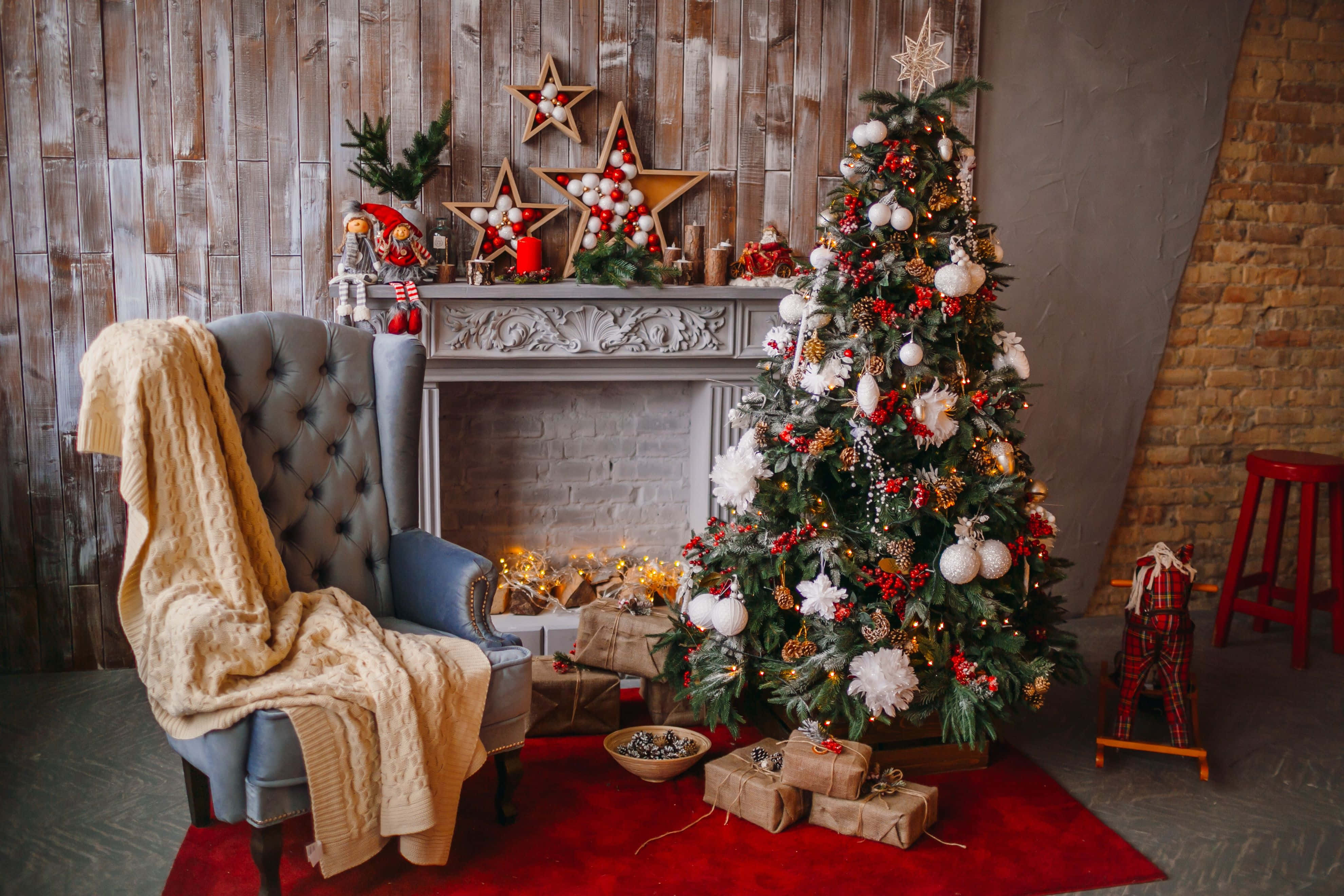 cozy Christmas scene, decorated tree, fireplace, 4K Desktop Wallpaper