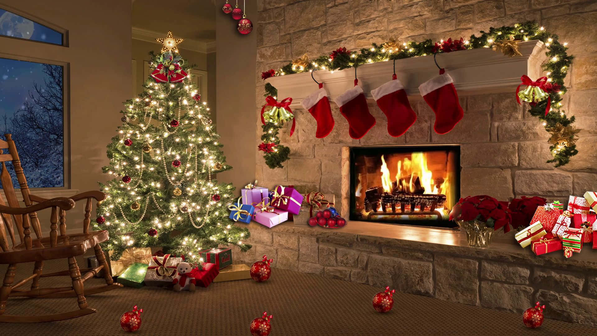 cozy christmas fireplace scene, lit fireplace, stockings, Full HD Desktop Wallpaper