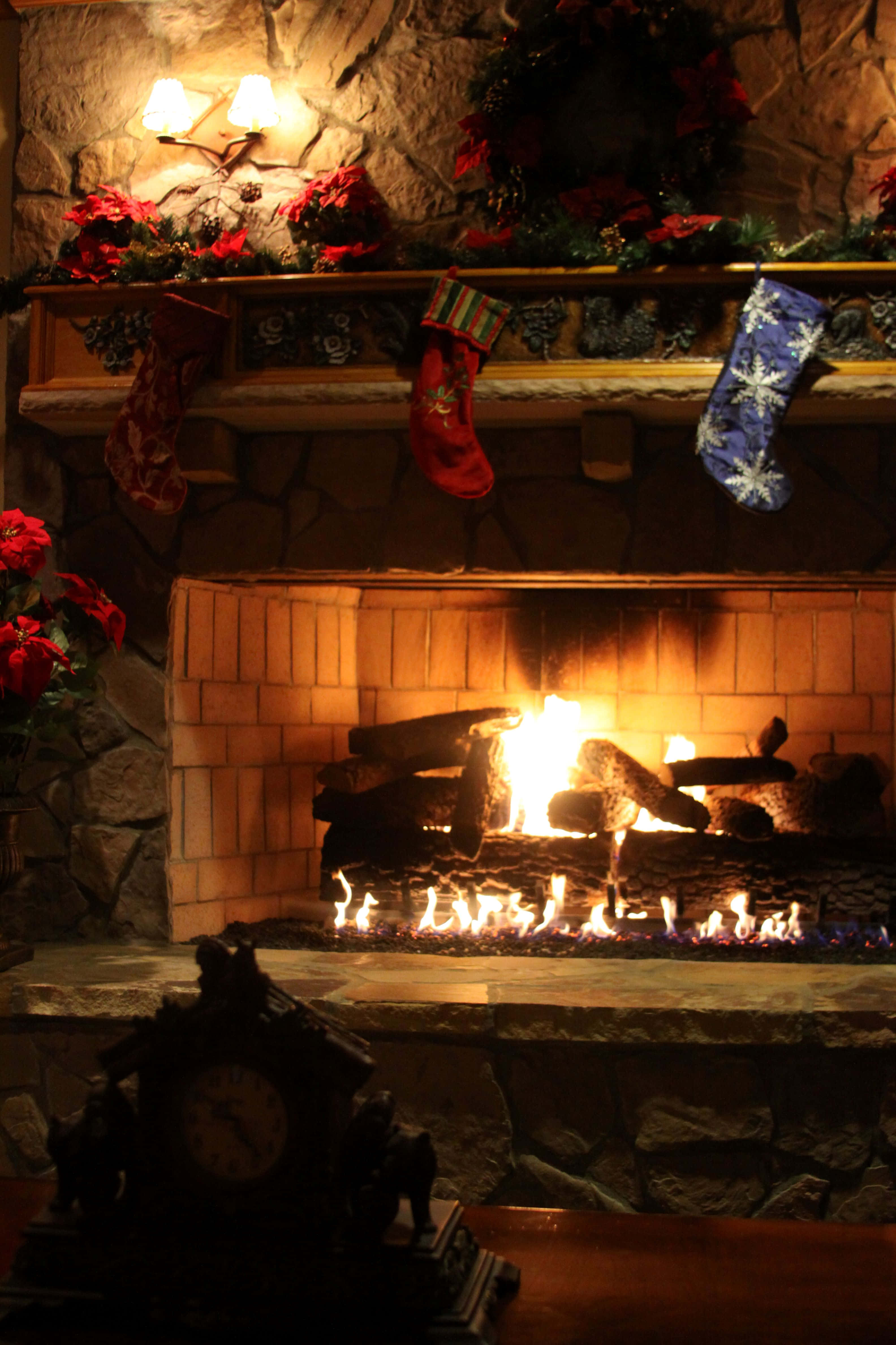 cozy christmas fireplace, stone fireplace, festive stockings, 4K Phone Wallpaper