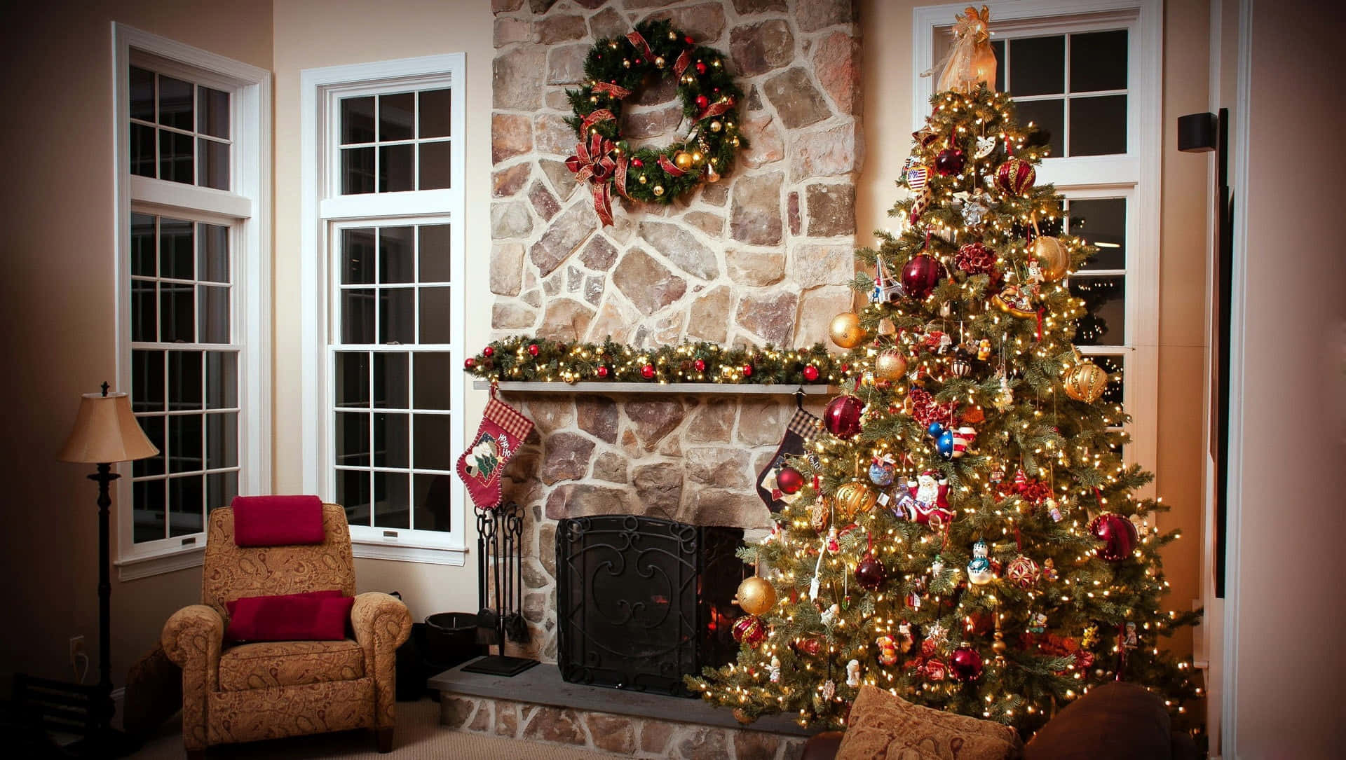 Cozy Christmas Fireplace, stone fireplace, Christmas tree, Full HD Desktop Wallpaper
