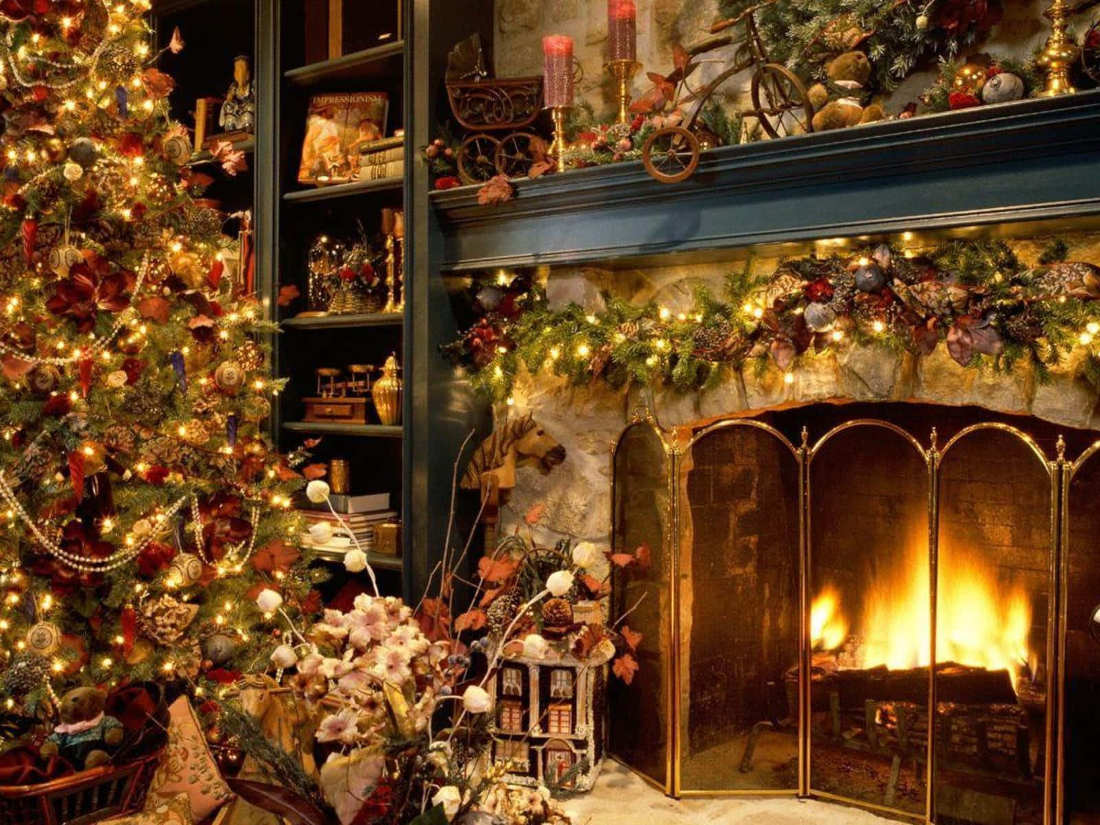 Christmas tree, roaring fireplace, festive garlands, HD Desktop Wallpaper