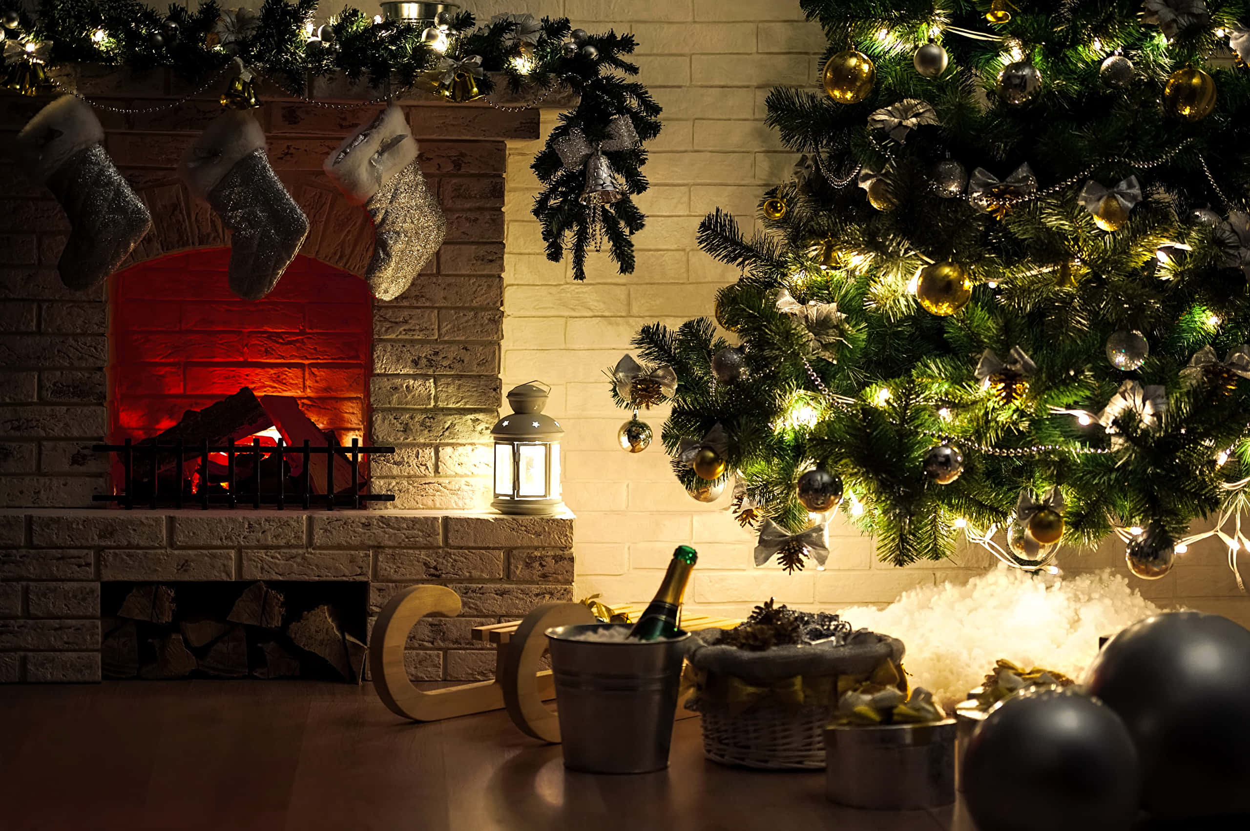 Festive Christmas Fireplace Decor, cozy Christmas scene, lit fireplace, 2K Desktop Wallpaper