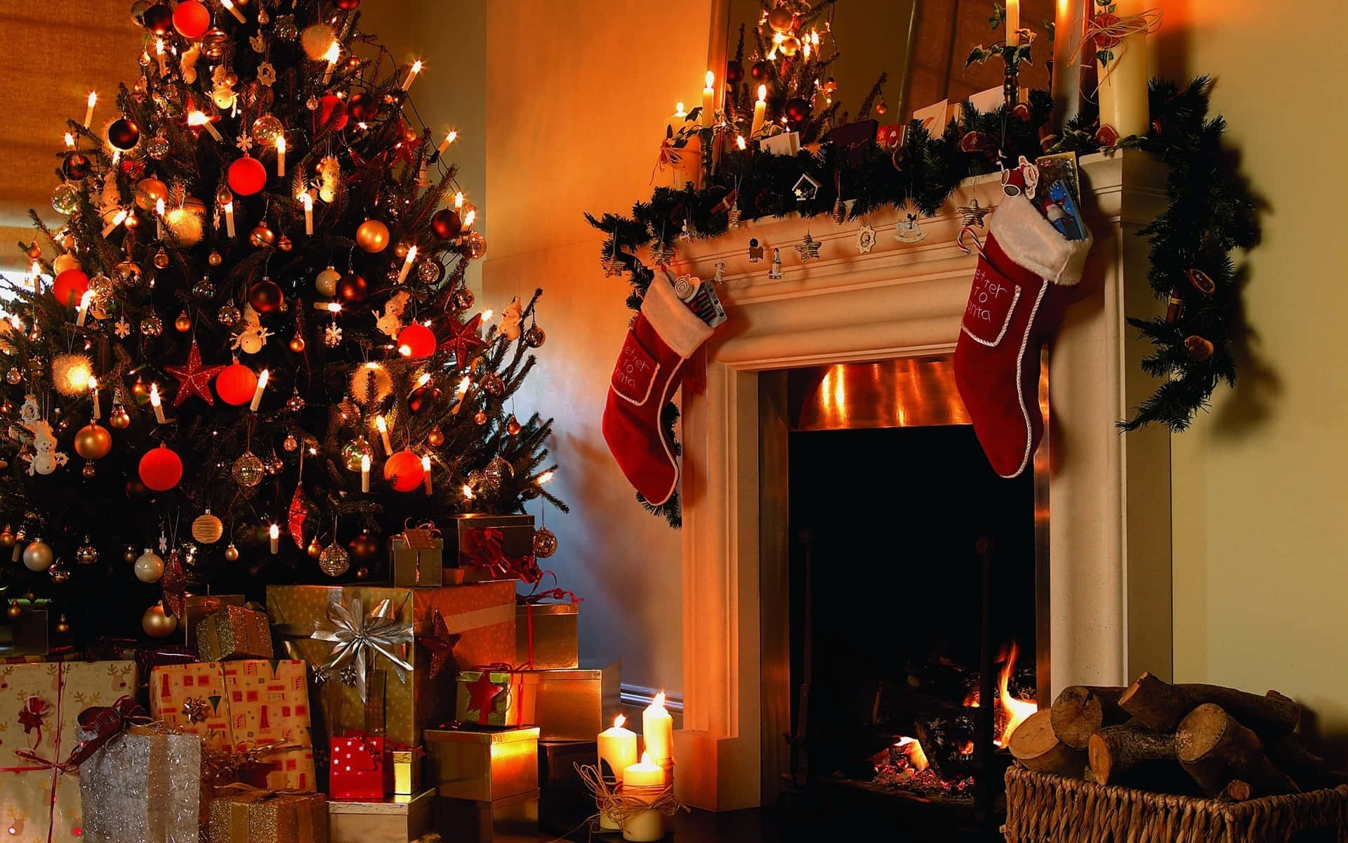 Christmas tree, fireplace, stockings, Full HD Desktop Wallpaper