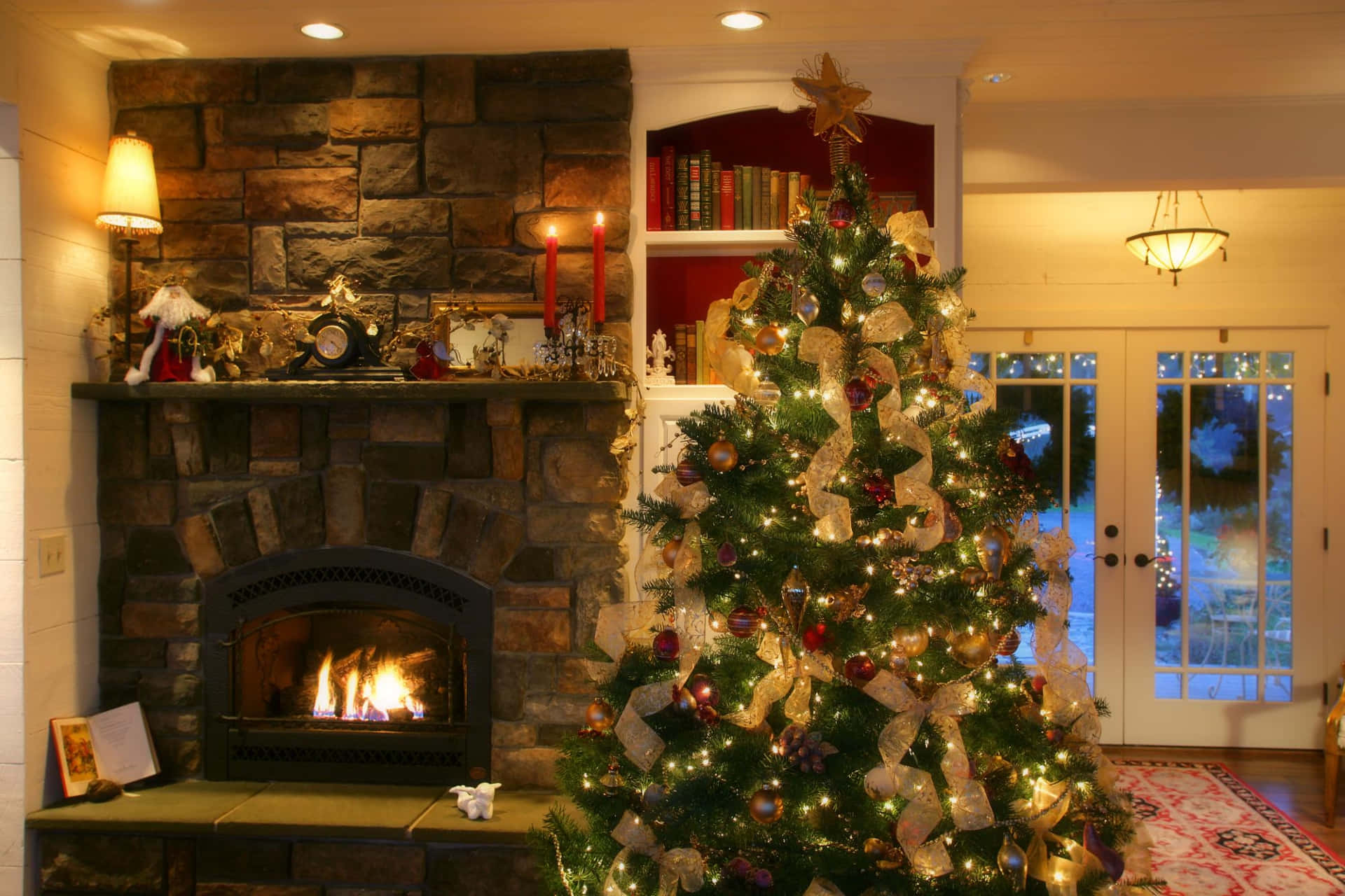 Cozy Christmas Fireplacewith Tree, Christmas tree, gold ribbons, Full HD Desktop Wallpaper