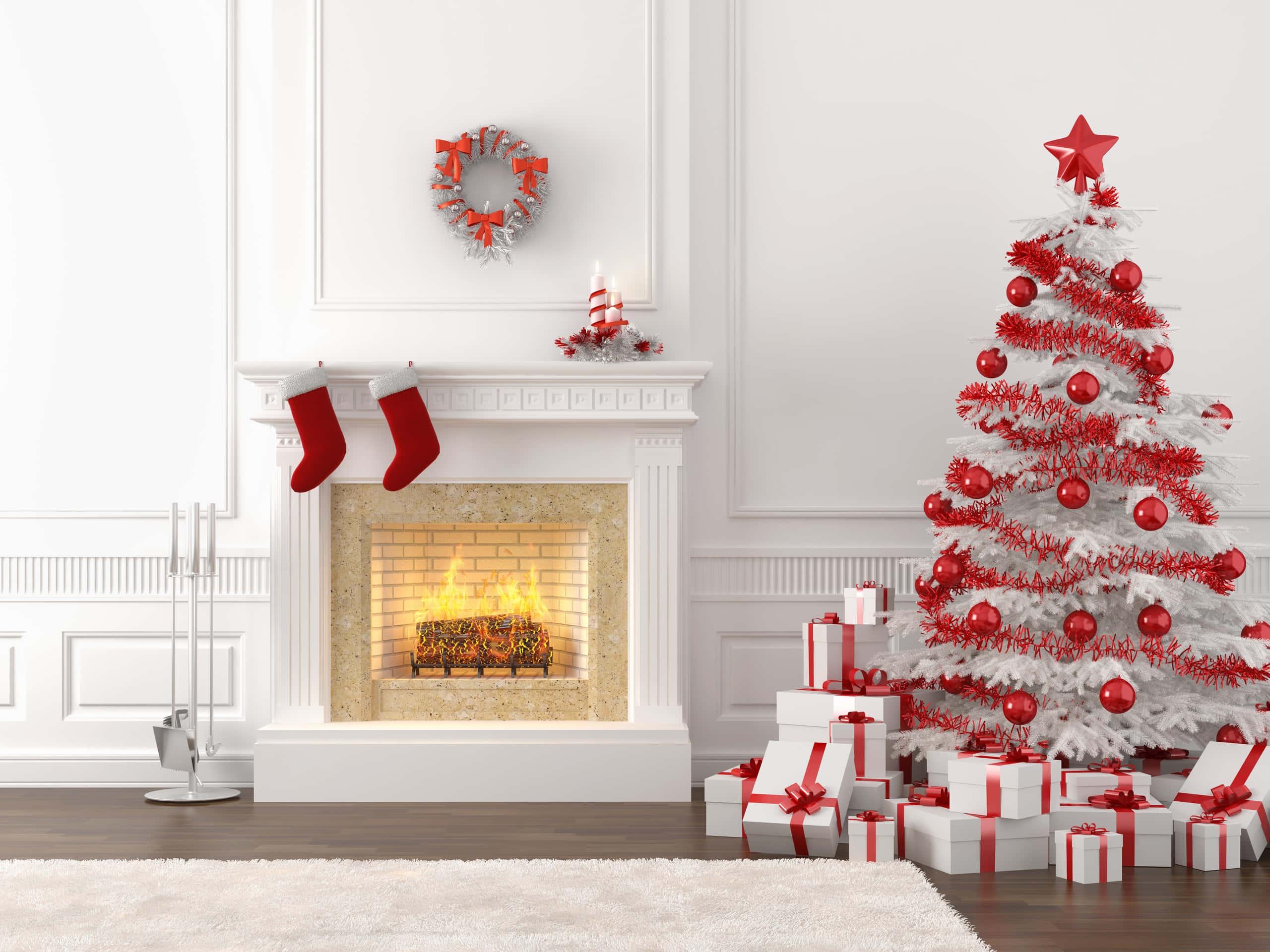 Festive Christmas Interiorwith Fireplaceand Tree, white Christmas tree, red ornaments, 2K Desktop Wallpaper