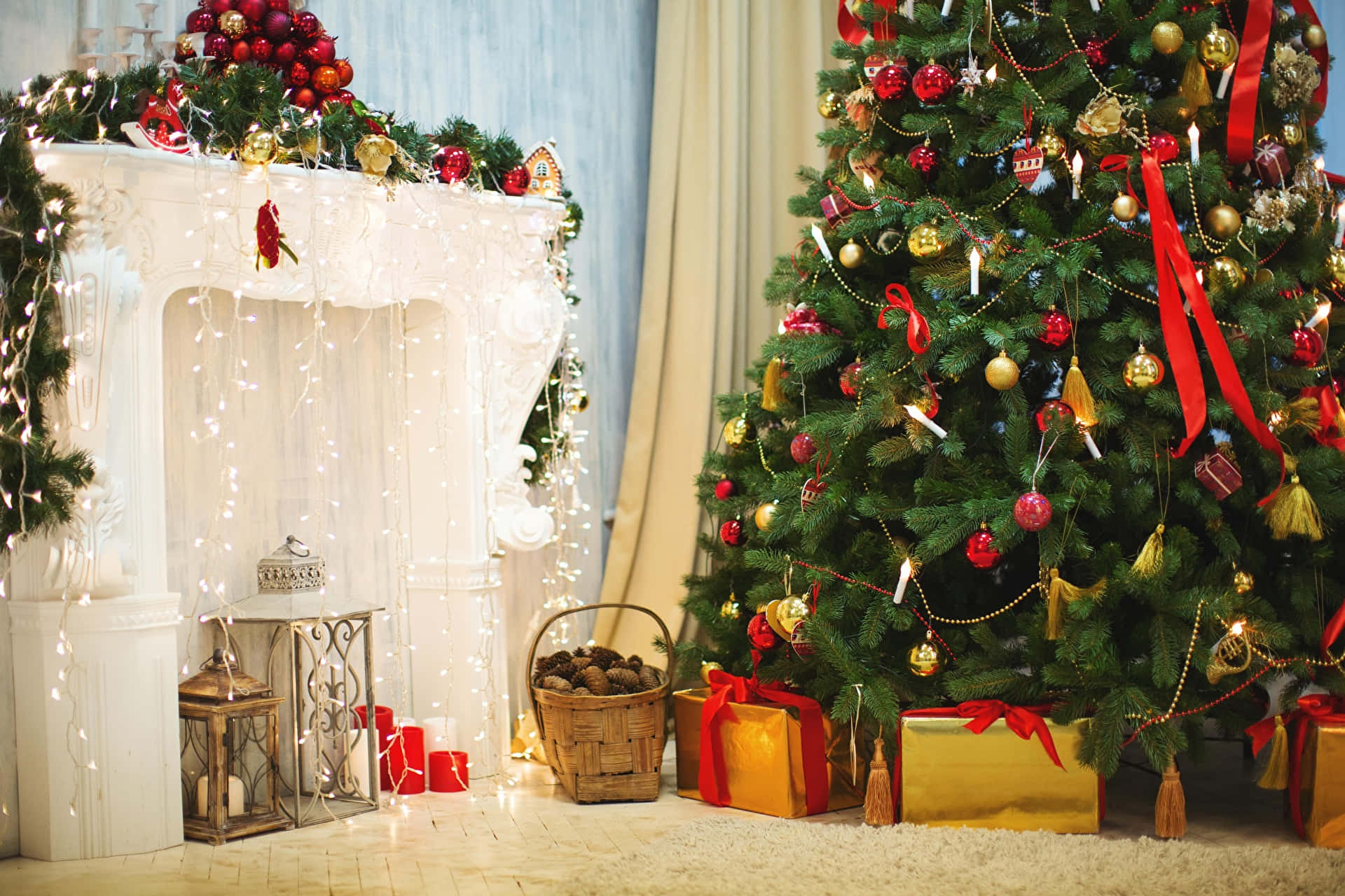 Christmas tree, red gold and white ornaments, white fireplace, Full HD Desktop Wallpaper
