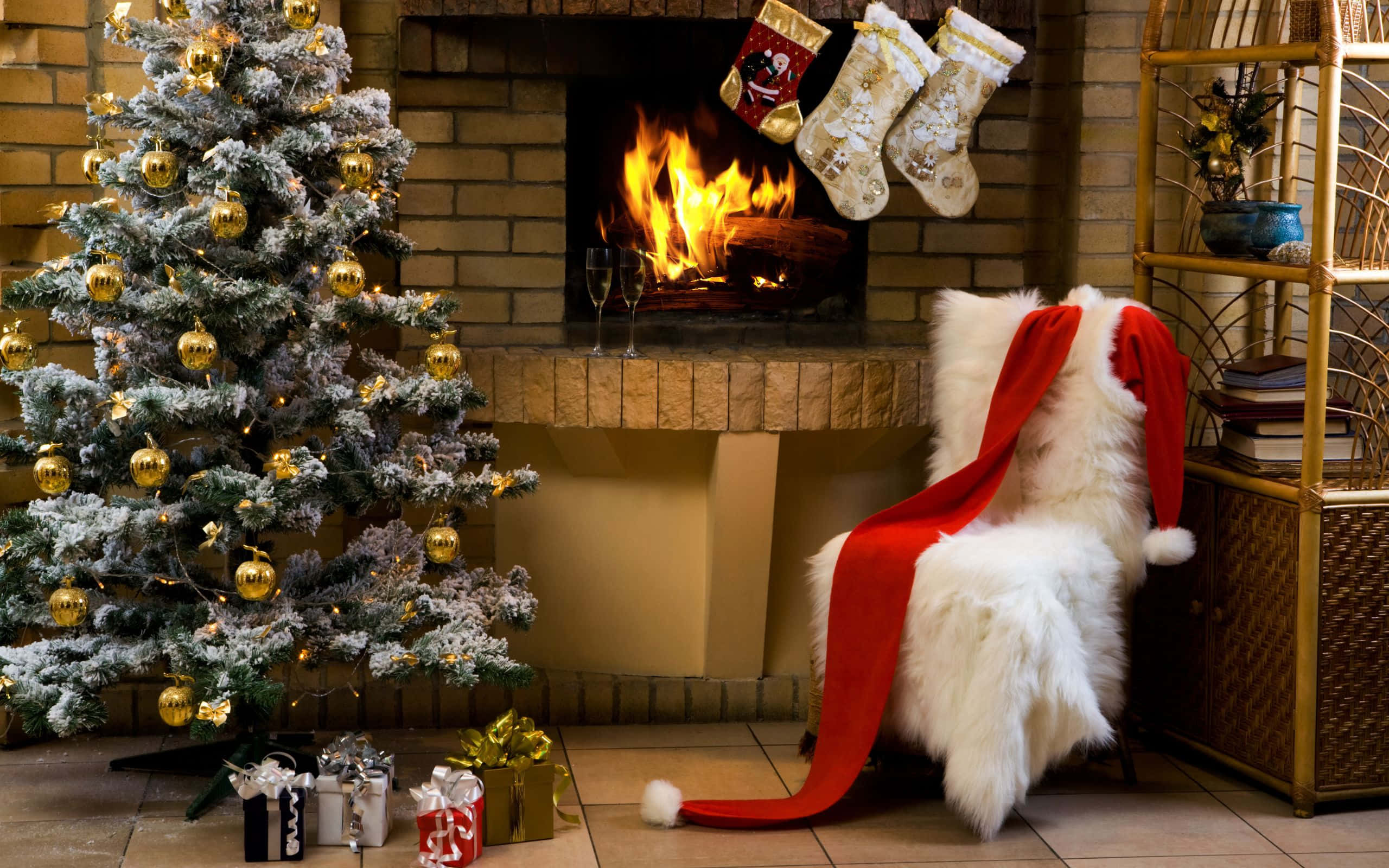cozy christmas fireplace, flocked Christmas tree, gold ornaments, 2K Desktop Wallpaper