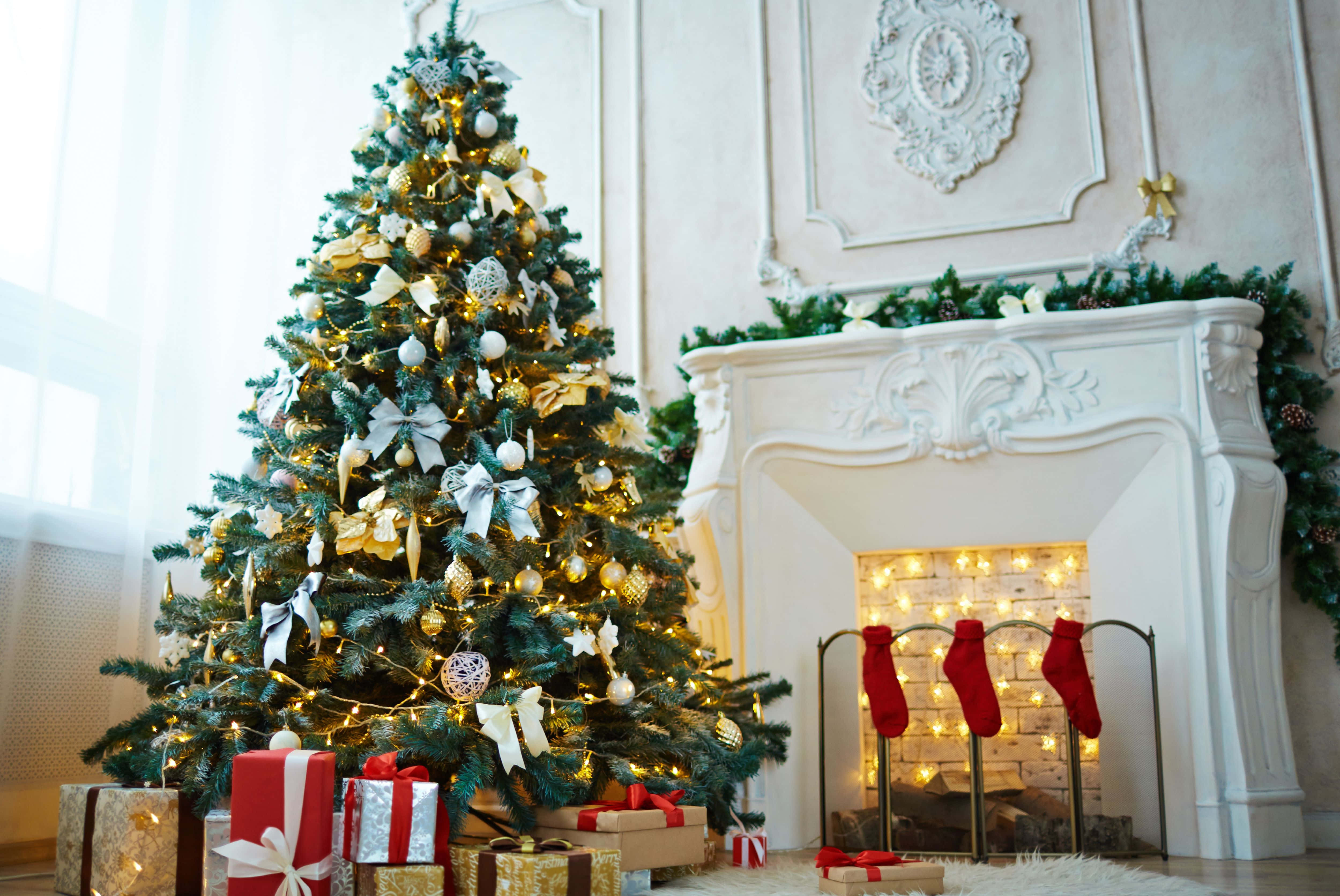 Festive Christmas Treeand Fireplace Decor, gold and white ornaments, ornate white fireplace, 4K Desktop Wallpaper