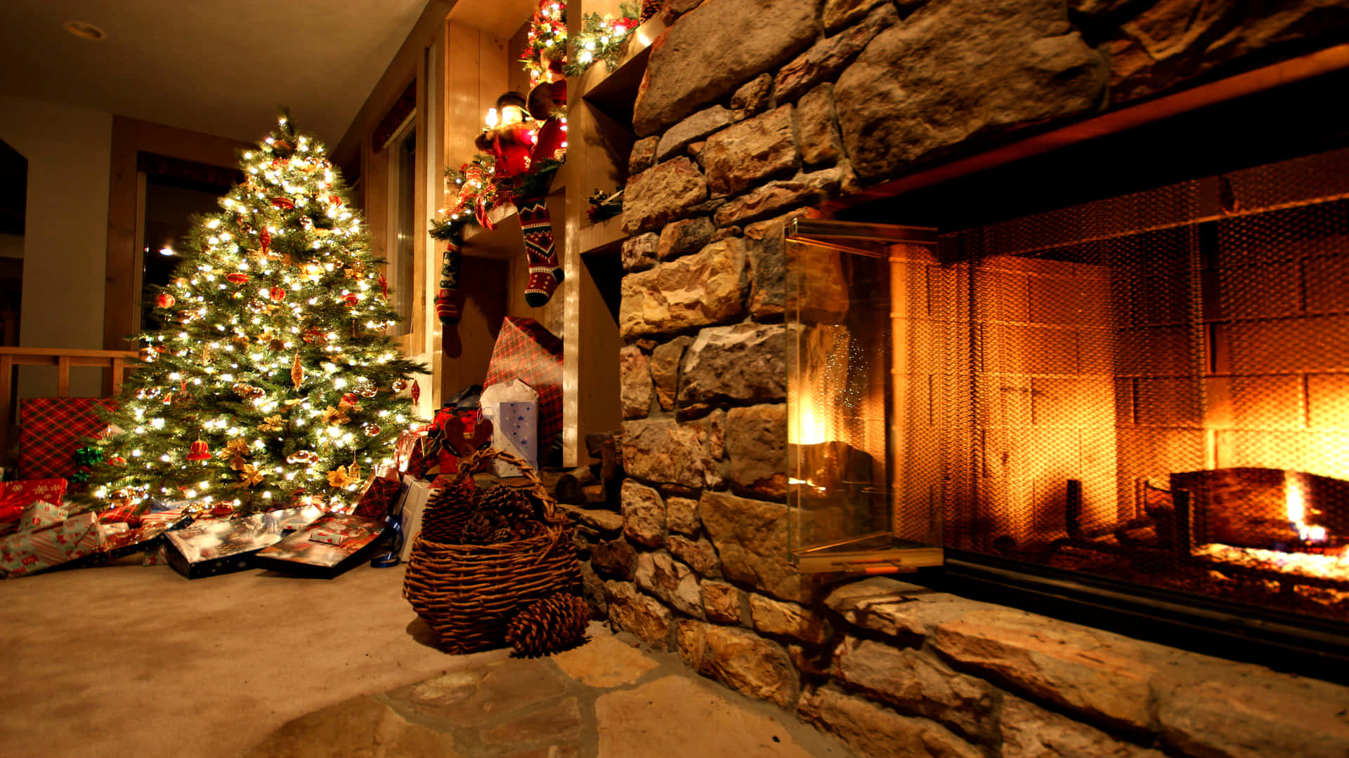 stone fireplace, decorated Christmas tree, presents, Full HD Desktop Wallpaper