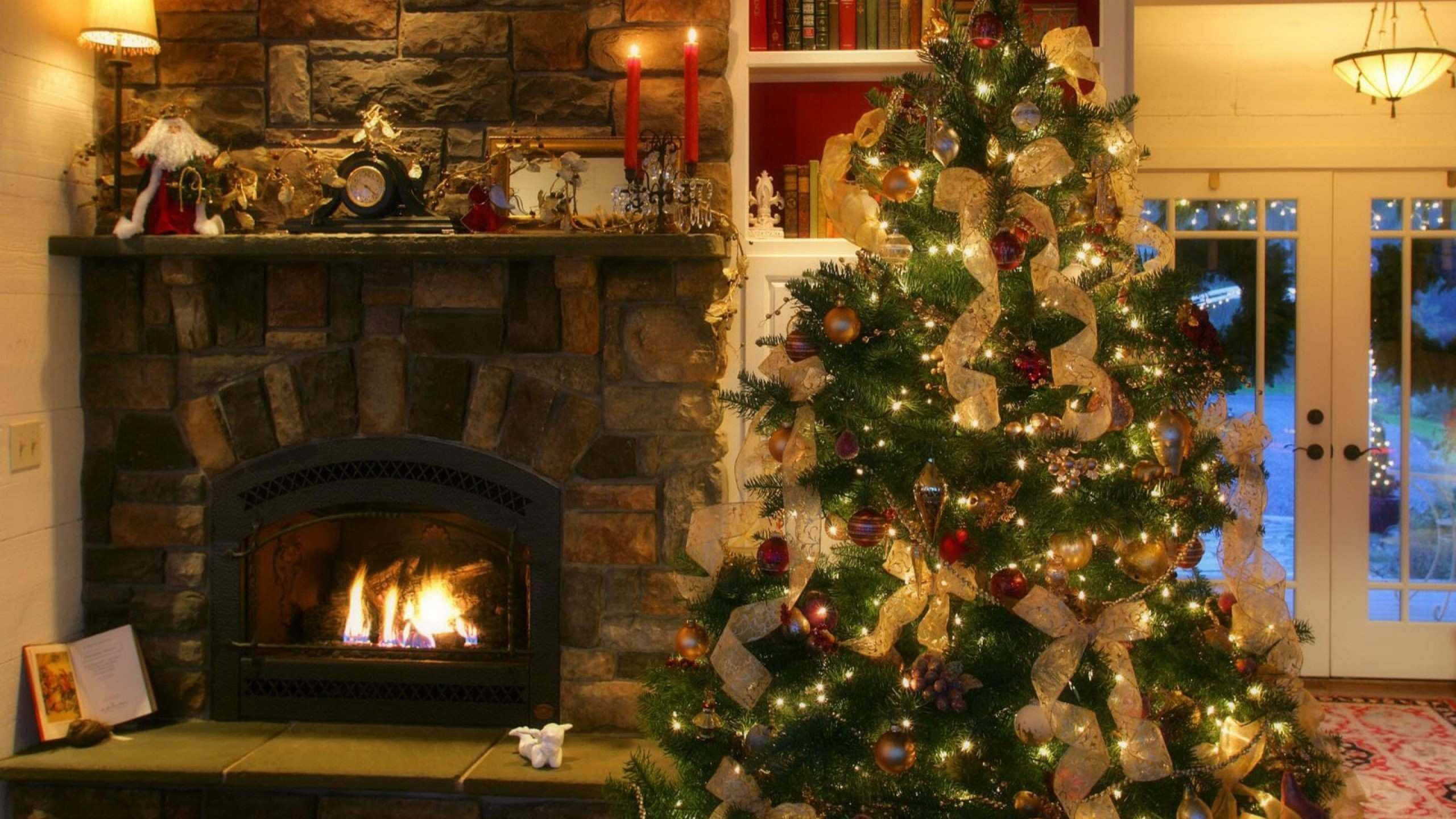 Cozy Christmas Fireplace, stone fireplace, crackling flames, 2K Desktop Wallpaper