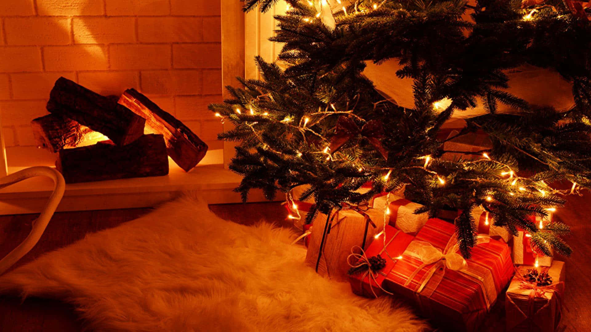 Cozy Christmas Fireplace Scene, golden lights, lush green christmas tree, Full HD Desktop Wallpaper