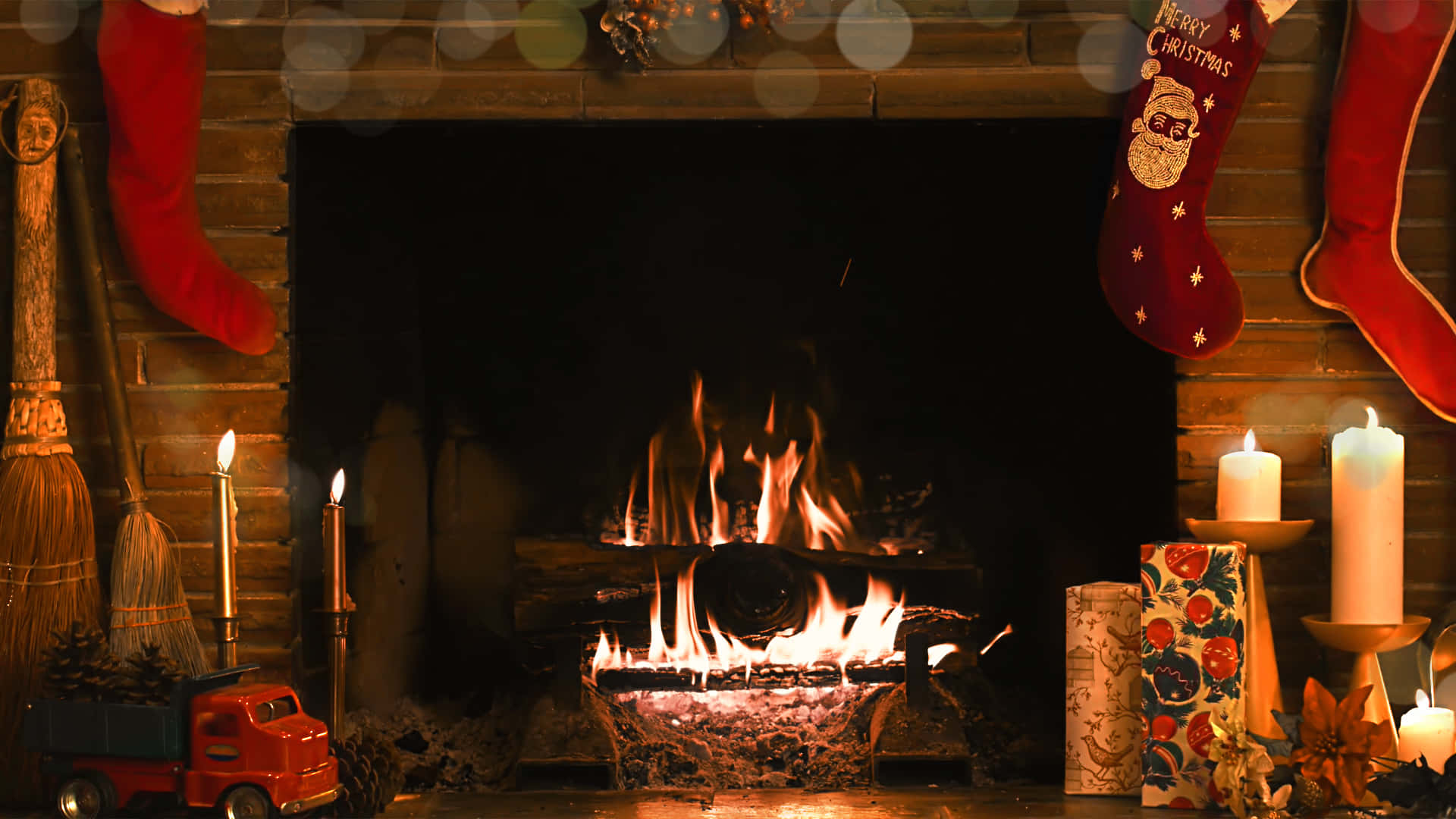 Festive Christmas Fireplace Decor, cozy fireplace, warm flames, Full HD Desktop Wallpaper