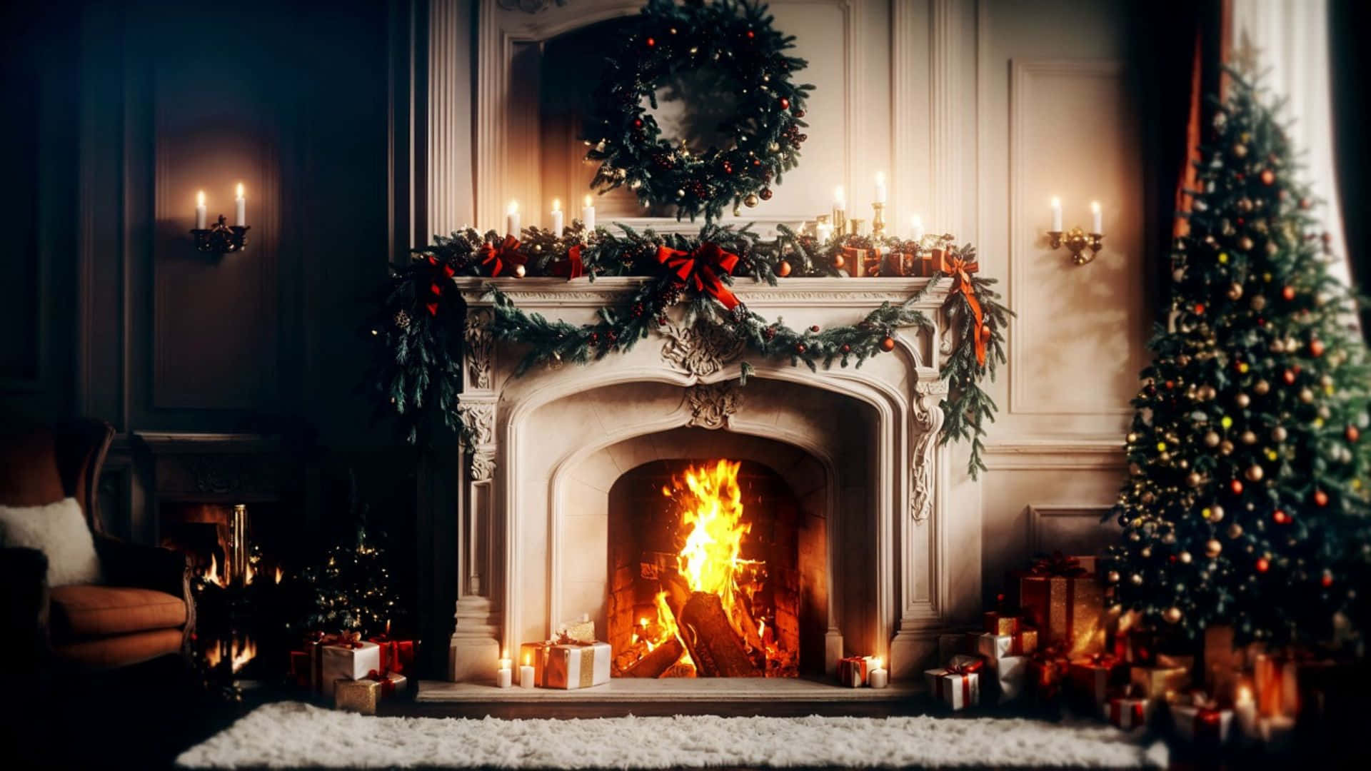 cozy christmas fireplace, grand fireplace, warm flames, Full HD Desktop Wallpaper