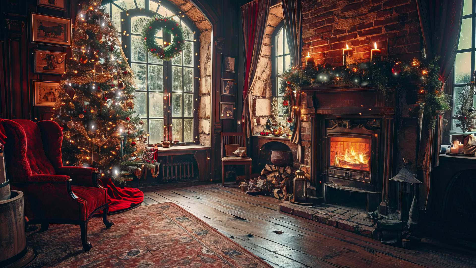 cozy christmas fireplace room, glowing fireplace, decorated Christmas tree, Full HD Desktop Wallpaper