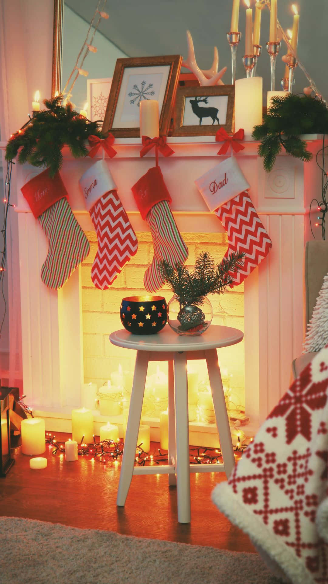 cozy christmas fireplace, red and white stockings, green garlands, Full HD Phone Wallpaper