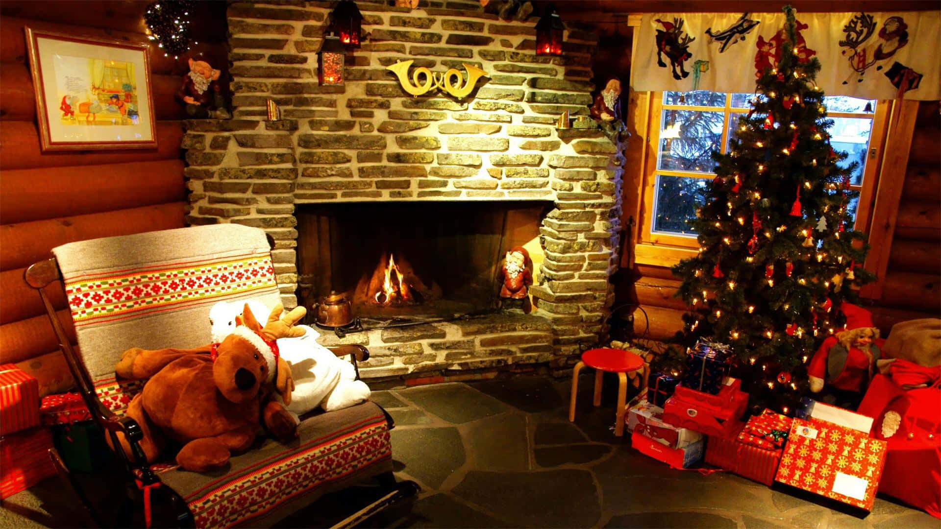 cozy christmas fireplace, stone fireplace, crackling fire, Full HD Desktop Wallpaper