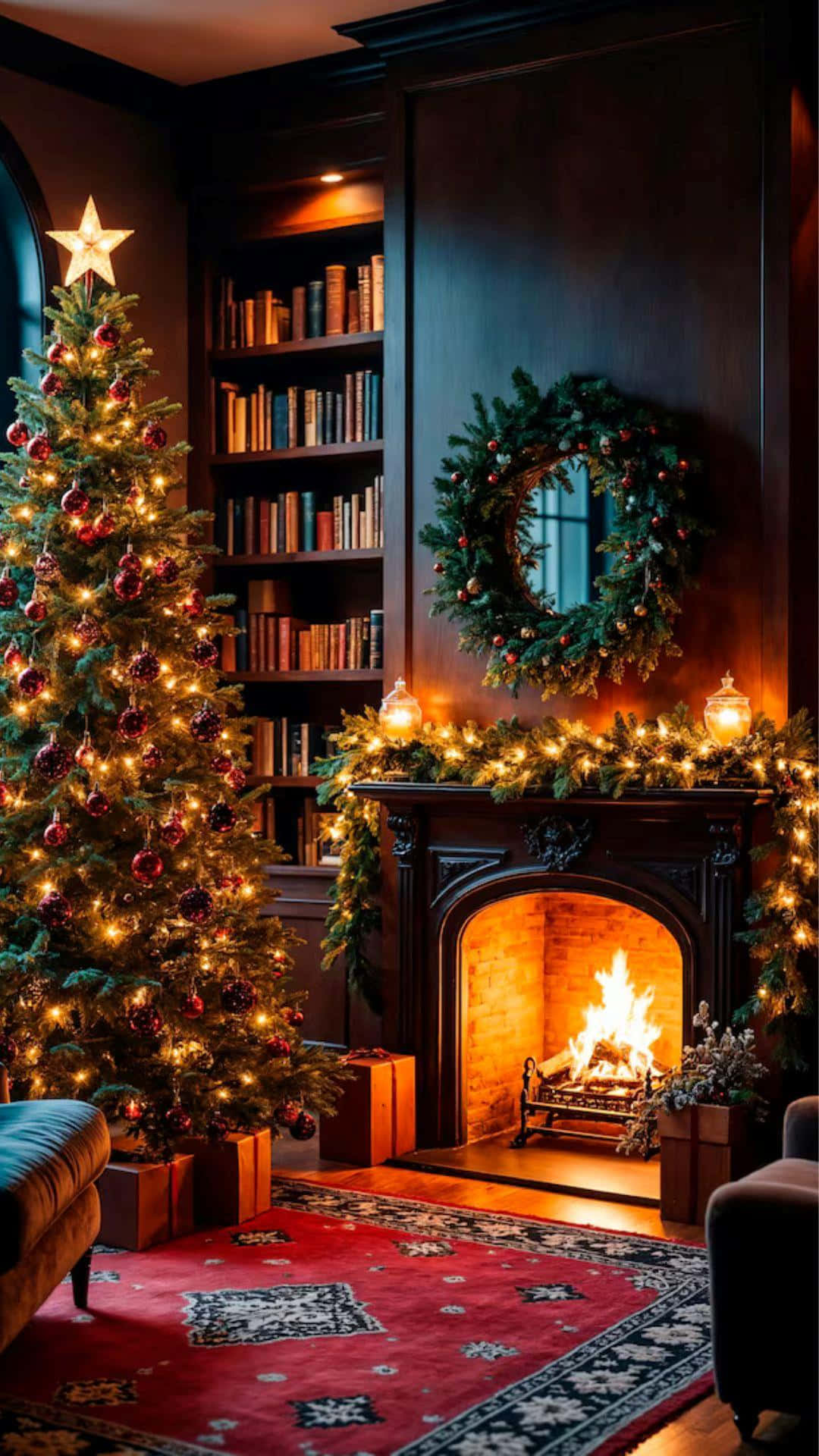 Cozy Christmas Fireplace Scene, glowing fireplace, decorated tree, Full HD Phone Wallpaper
