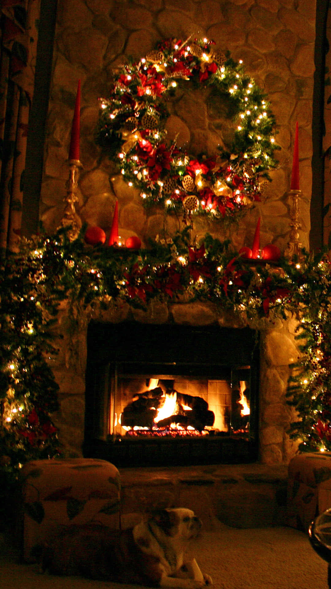 Festive Holiday Fireplace, stone fireplace, fire crackles, Full HD Phone Wallpaper