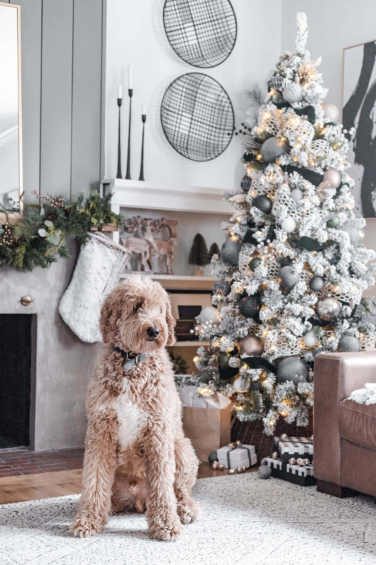 Cozy Christmas, flocked Christmas tree, silver and gold ornaments, Full HD Phone Wallpaper
