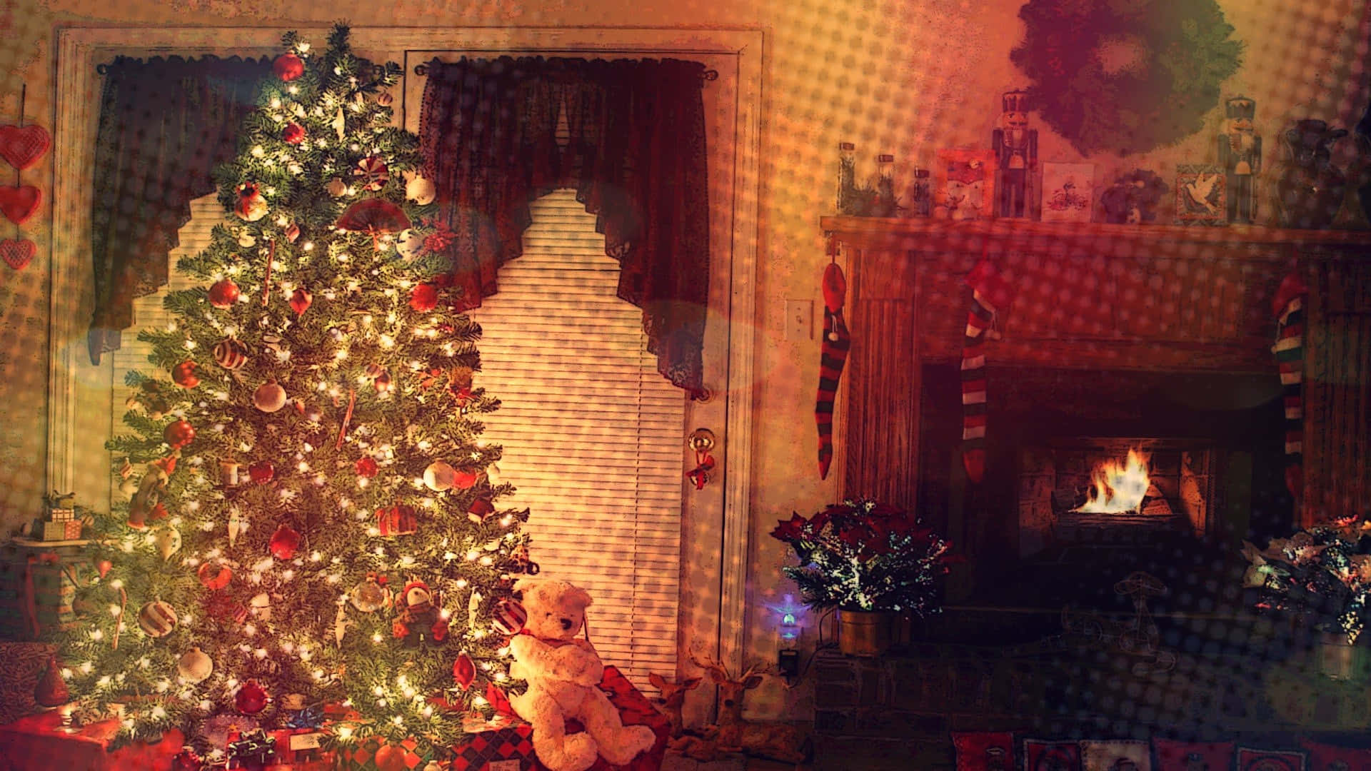 Cozy Christmas, Christmas tree, red ornaments, Full HD Desktop Wallpaper