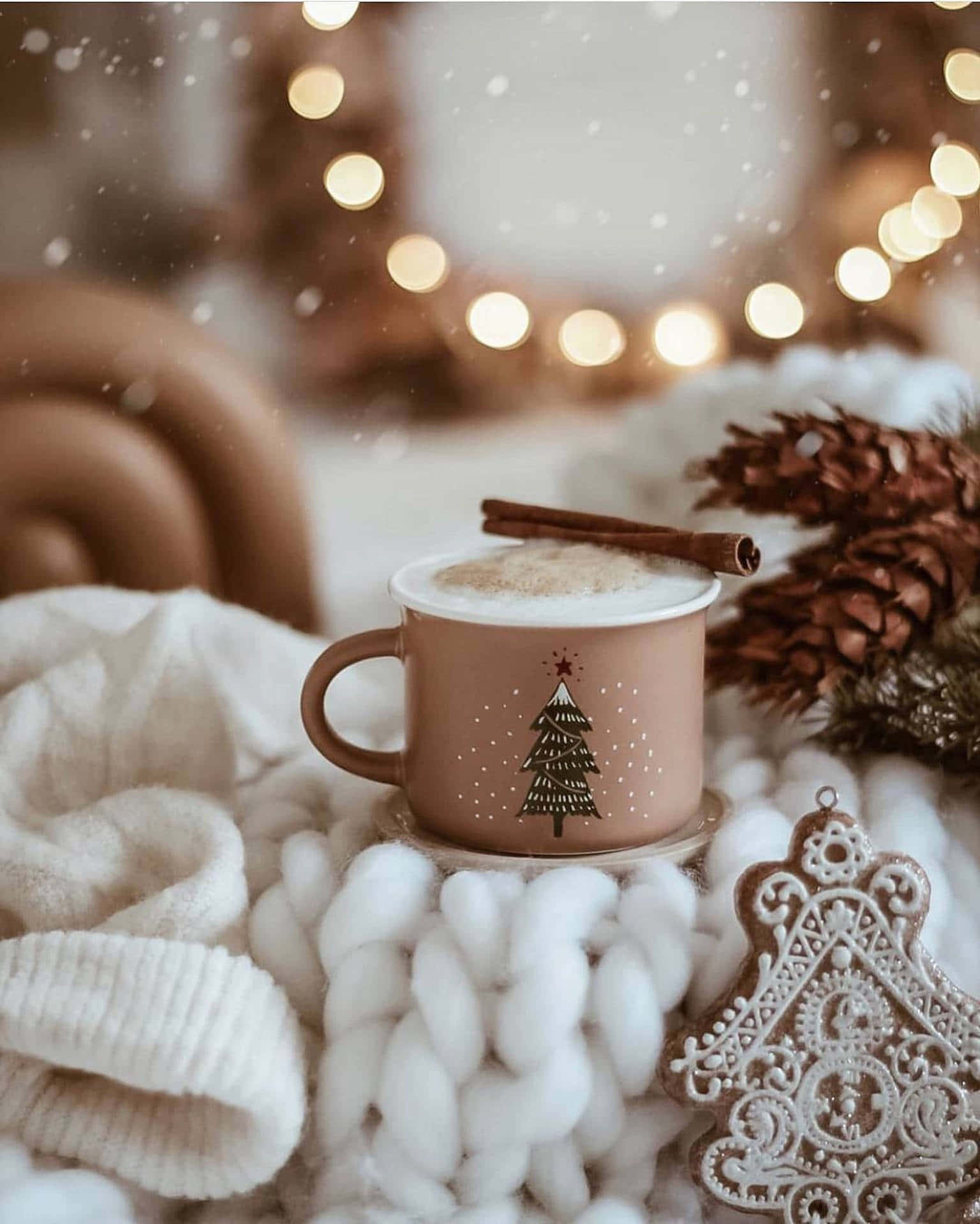 Cozy Christmas, cinnamon-stick topped mug, Christmas tree design, Full HD Phone Wallpaper