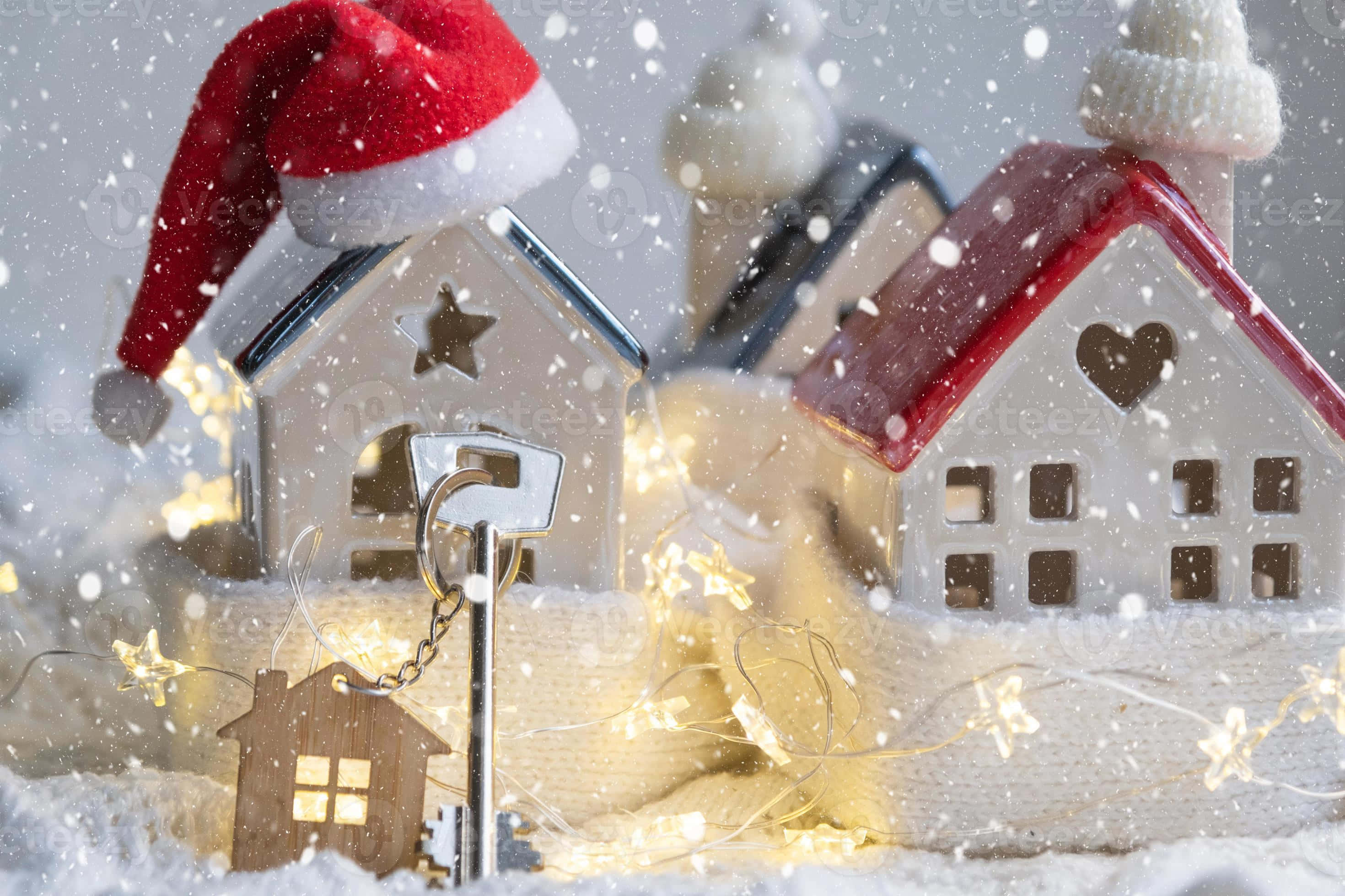 Cozy Christmas, snowy houses, Santa hats, 2K Desktop Wallpaper