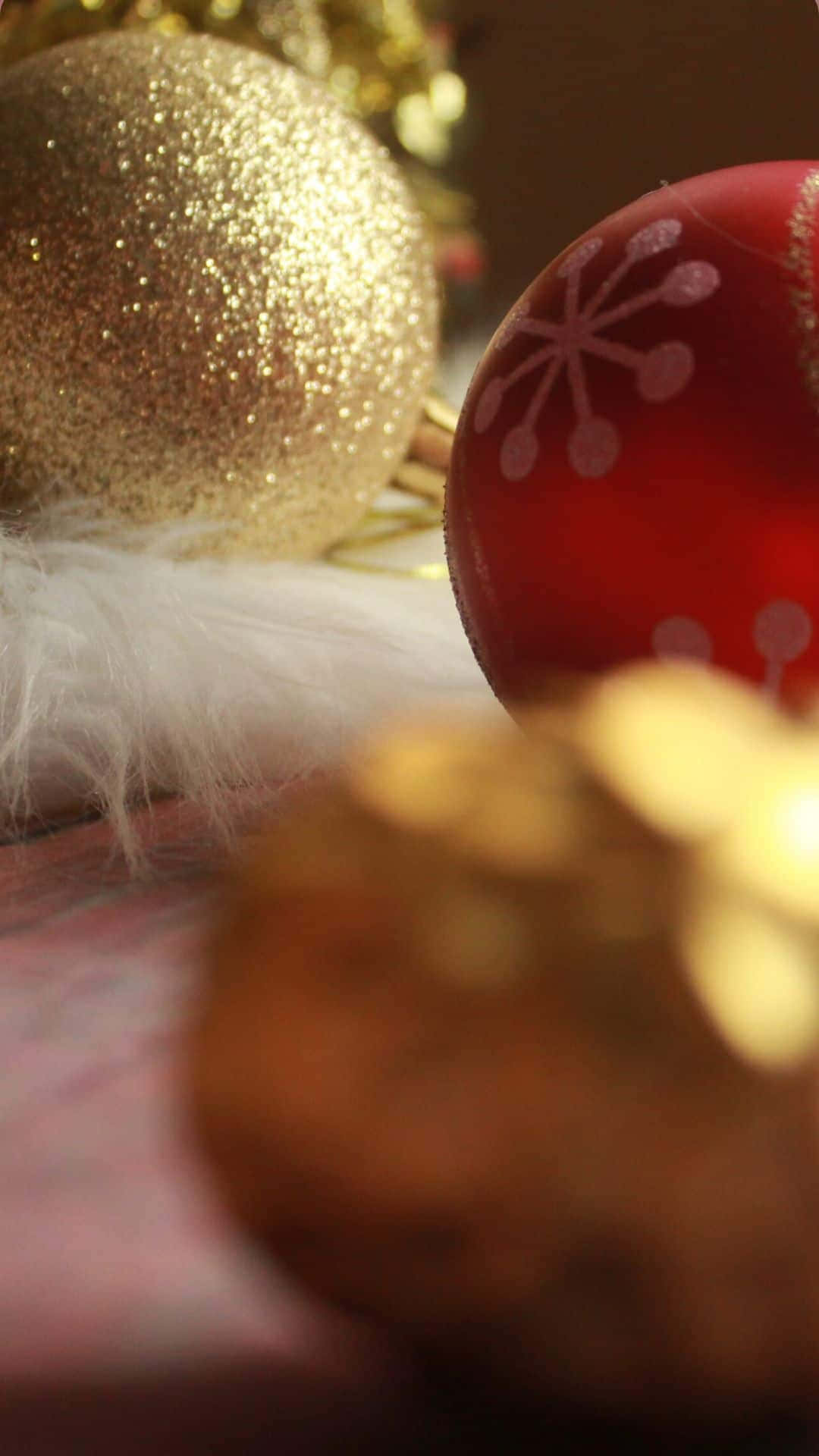 Cozy Christmas, festive red, gold glittery Christmas ornaments, Full HD Phone Wallpaper