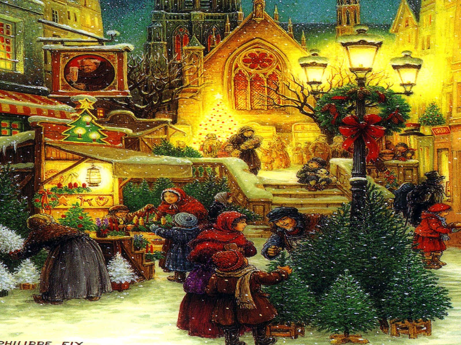 Vintage Christmas, snowy European Christmas market, street lamps, HD Desktop Wallpaper