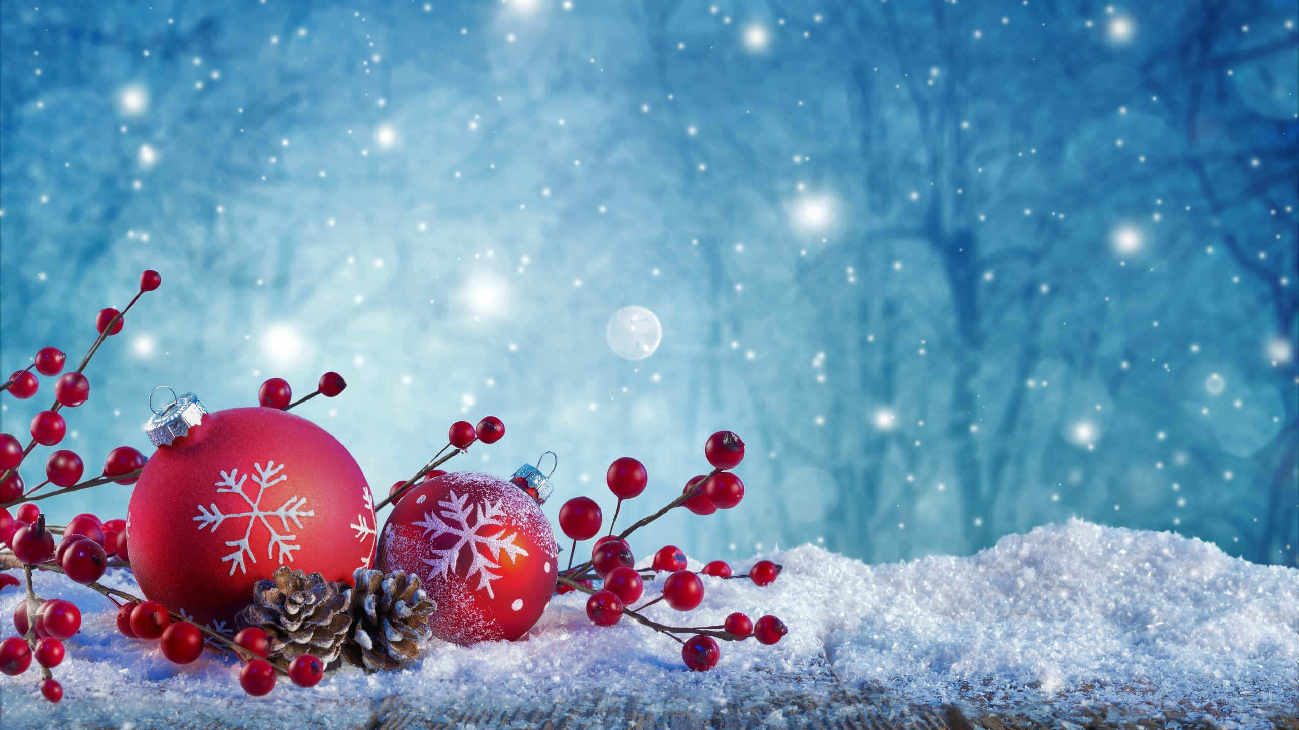 cozy Christmas night, red snowflake ornaments, berries, 2K Desktop Wallpaper