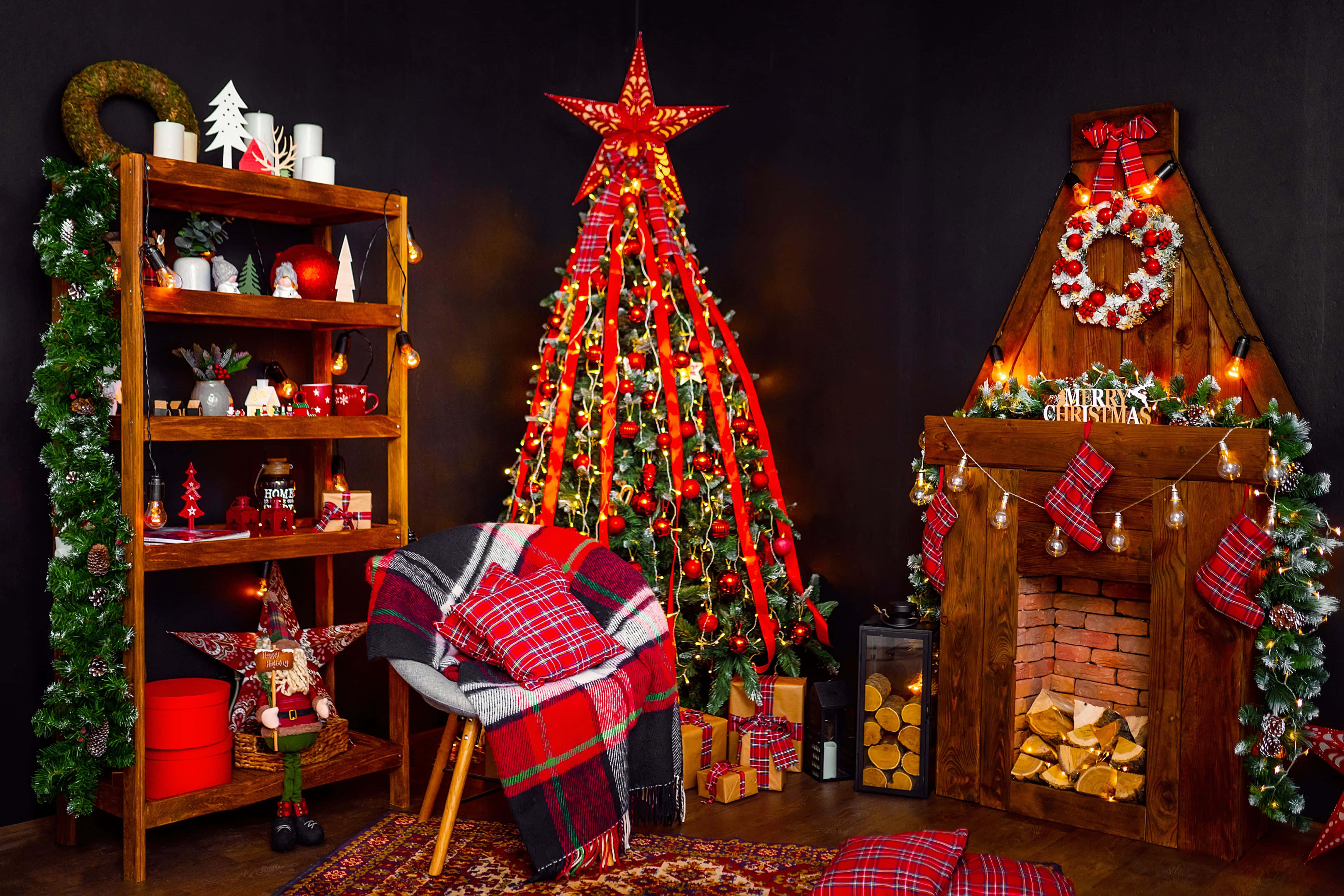 Festive Christmas Decorwith Fireplaceand Tree, red ribboned tree, fireplace, 4K Desktop Wallpaper