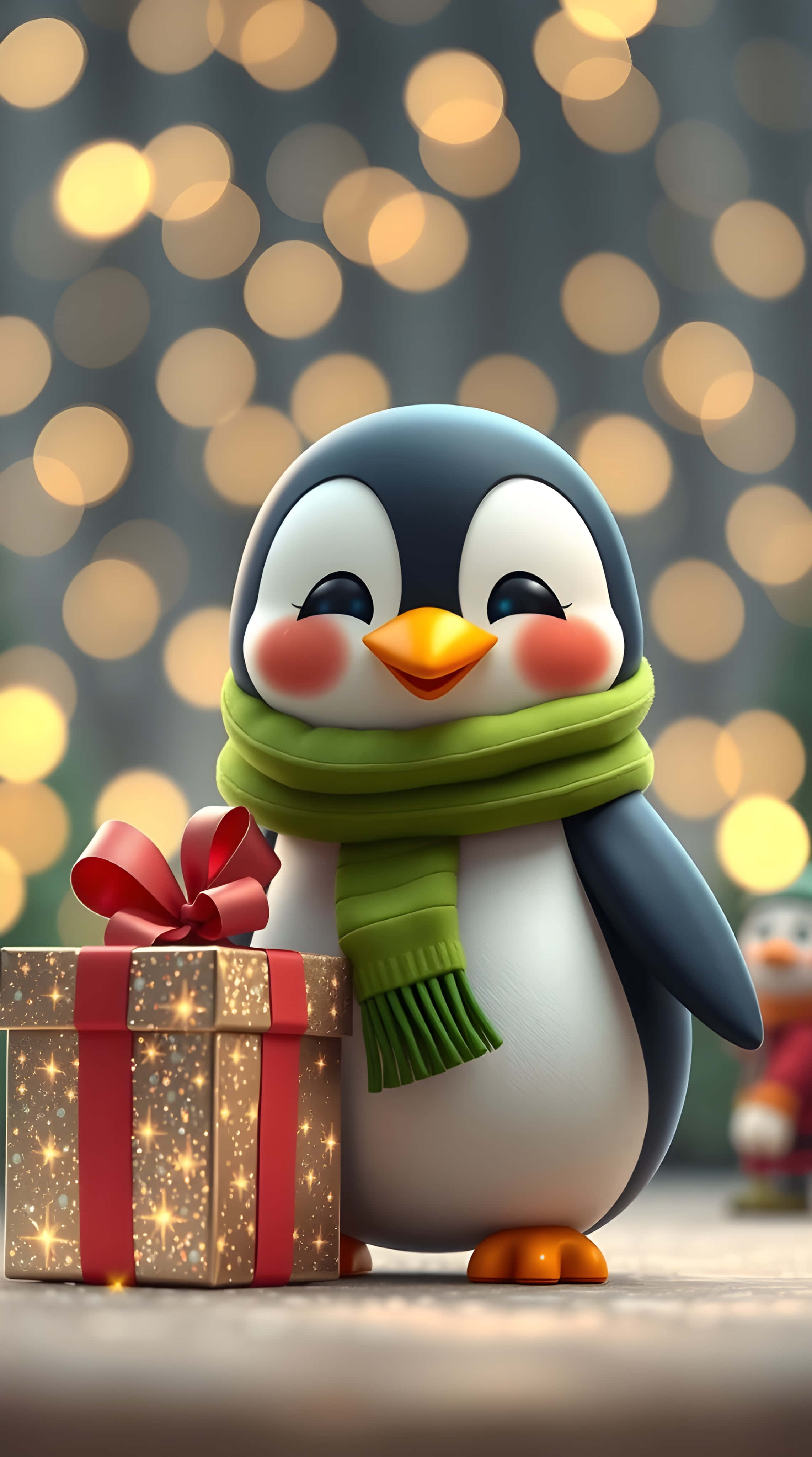 penguin, green scarf, glittery gift box, 4K Phone Wallpaper