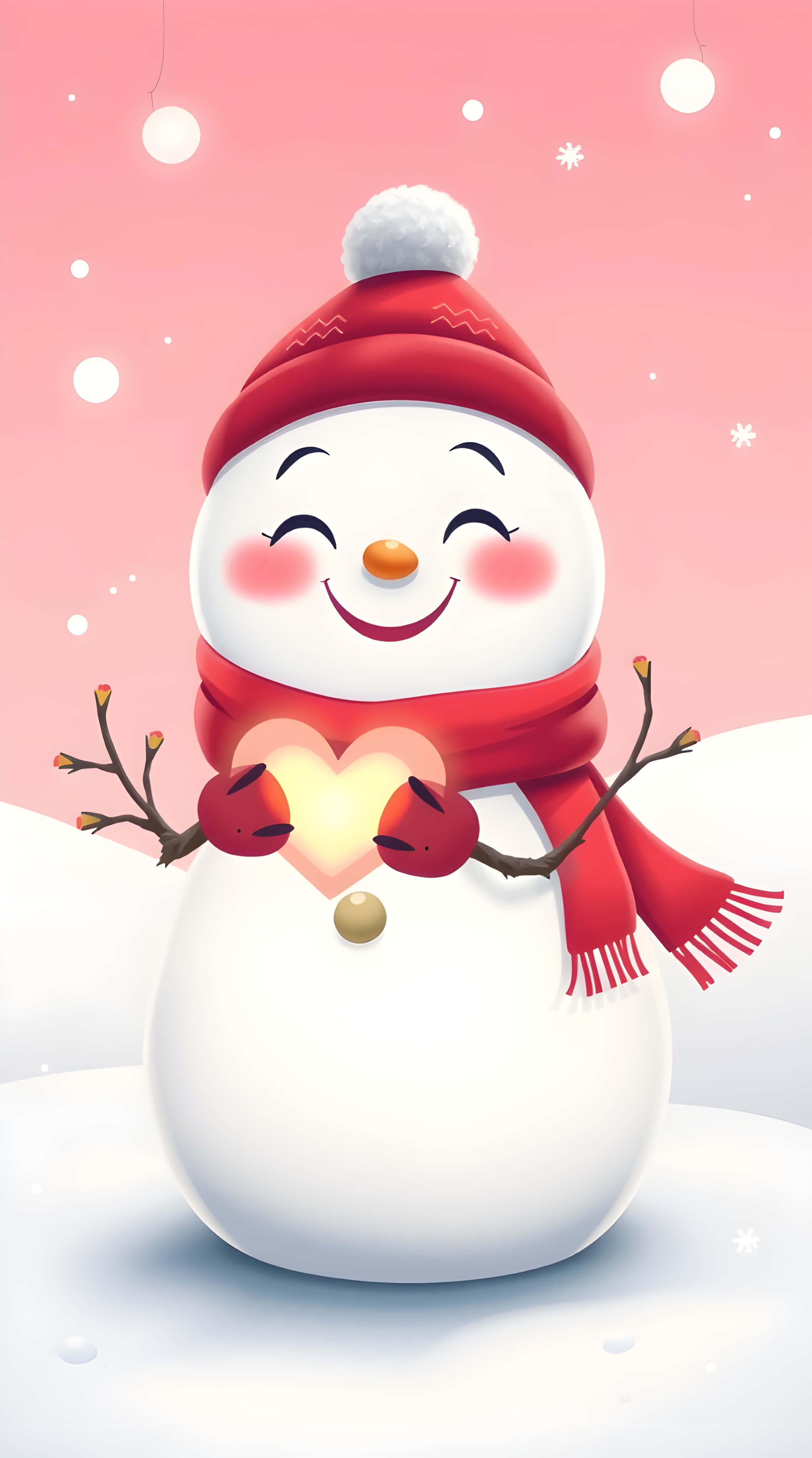 cheerful snowman, red hat, scarf, 4K Phone Wallpaper