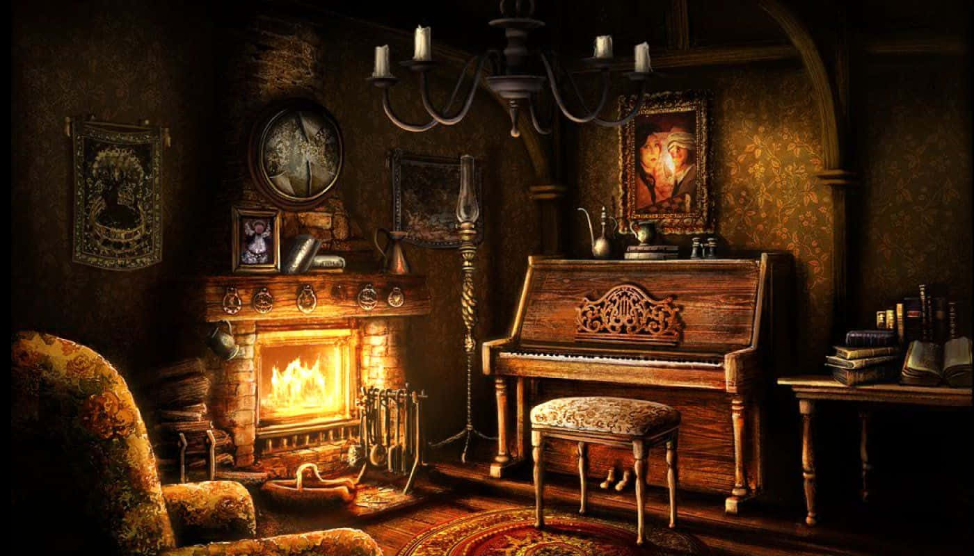 cozy home office, vintage parlor, crackling fireplace, HD Desktop Wallpaper