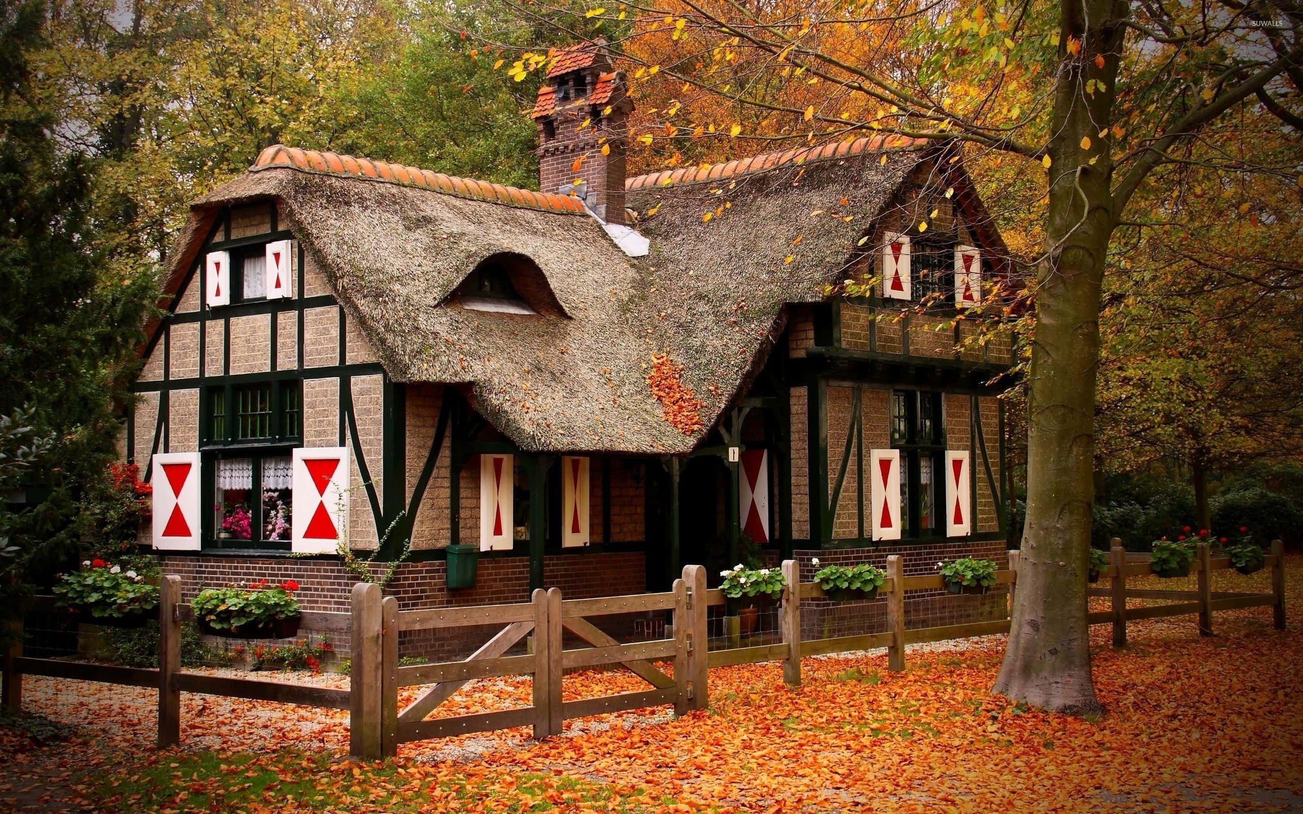 Cozy Desktop, thatched-roof cottage, red and white diamond shutters, 2K Desktop Wallpaper