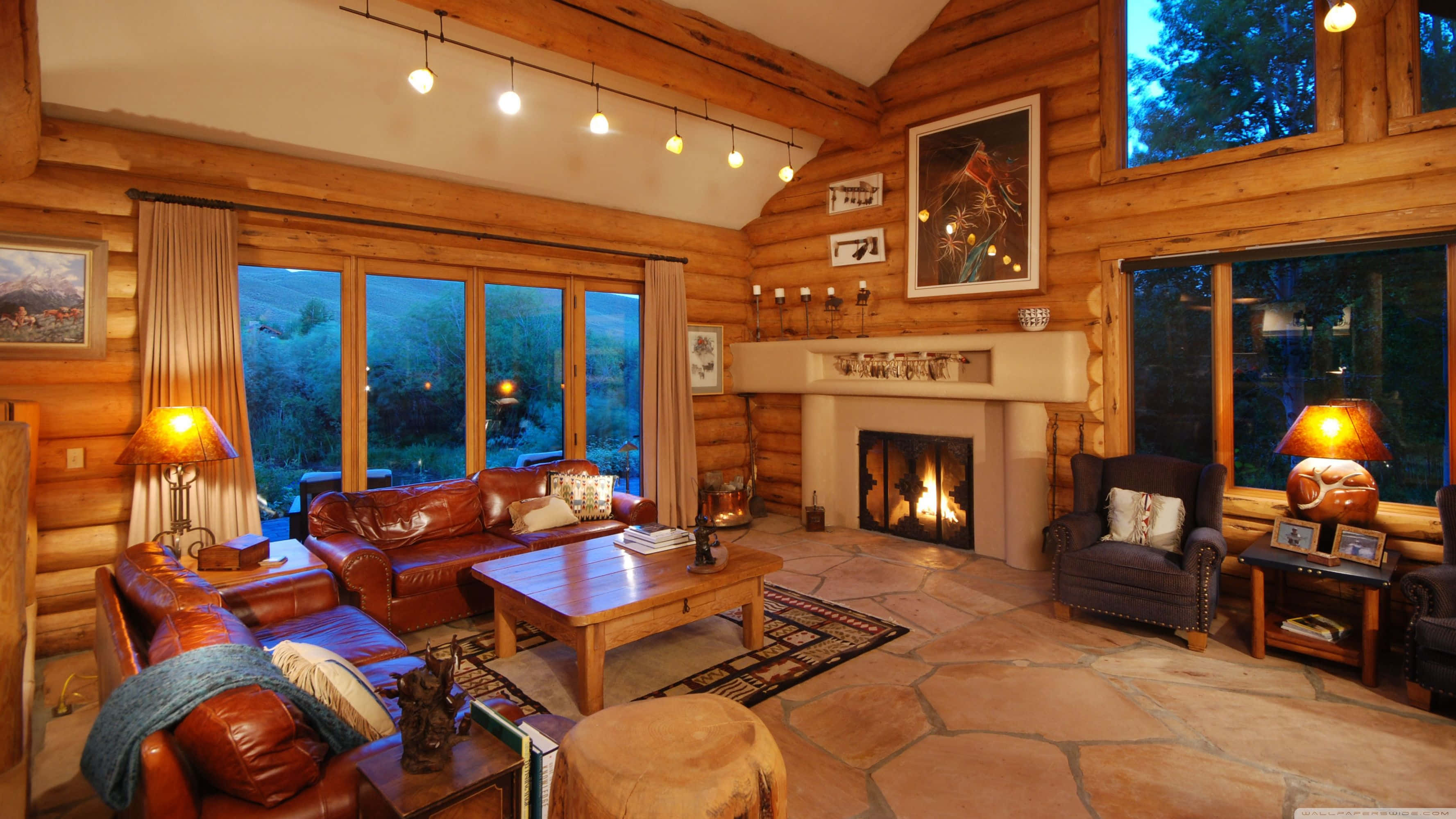 Cozy Desktop, log cabin, leather sofas, 2K Desktop Wallpaper