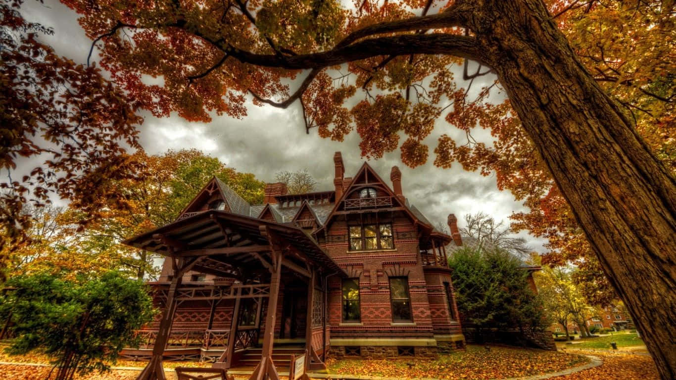 Victorian house, autumn leaves, overcast sky, HD Desktop Wallpaper