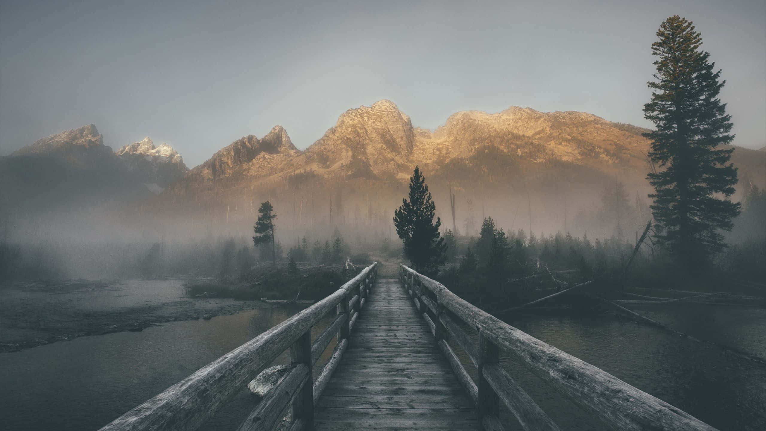 wooden bridge, river, mountains, 2K Desktop Wallpaper