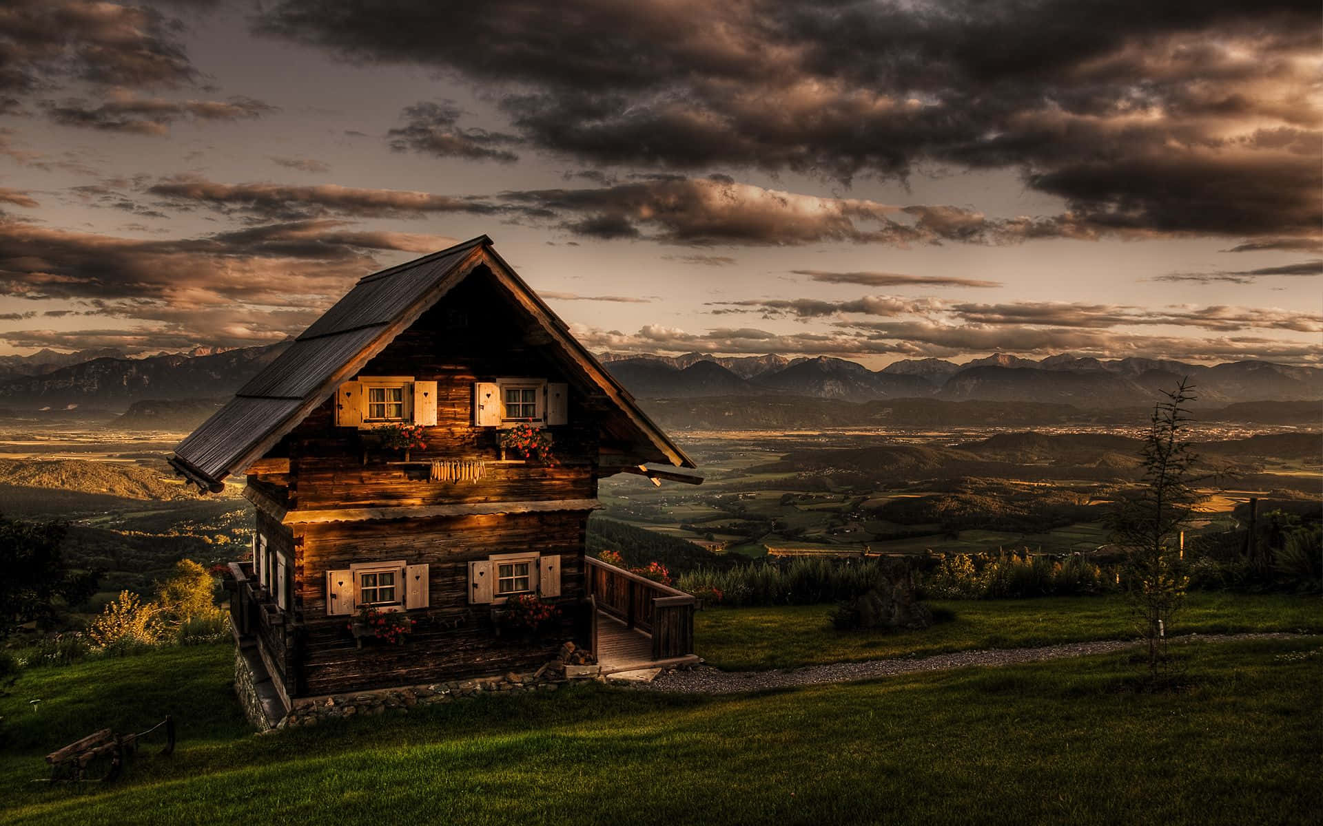 rustic wooden cabin, grassy hill, vast valley, Full HD Desktop Wallpaper