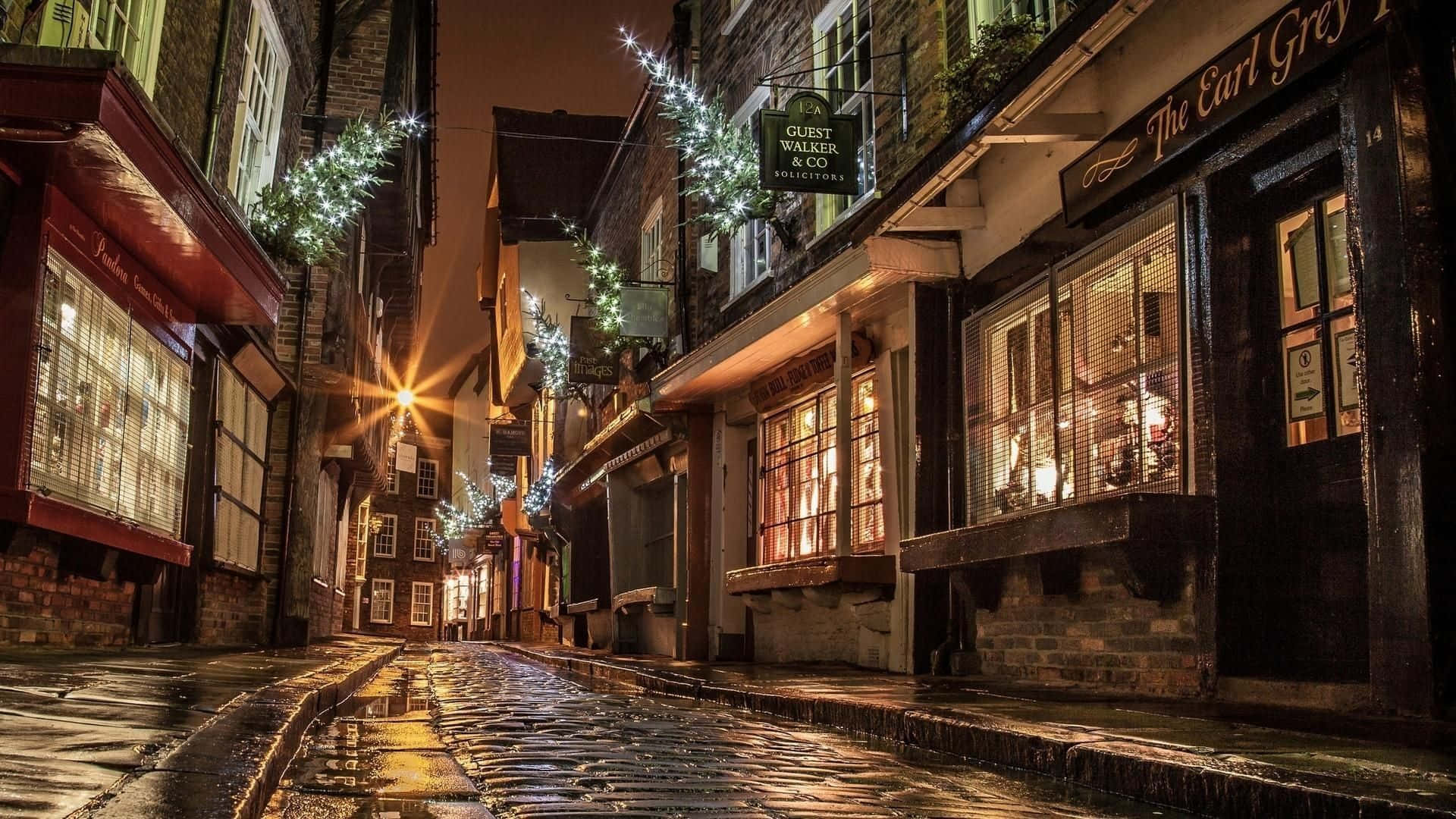 cobbled street, night, warm shop lights, Full HD Desktop Wallpaper