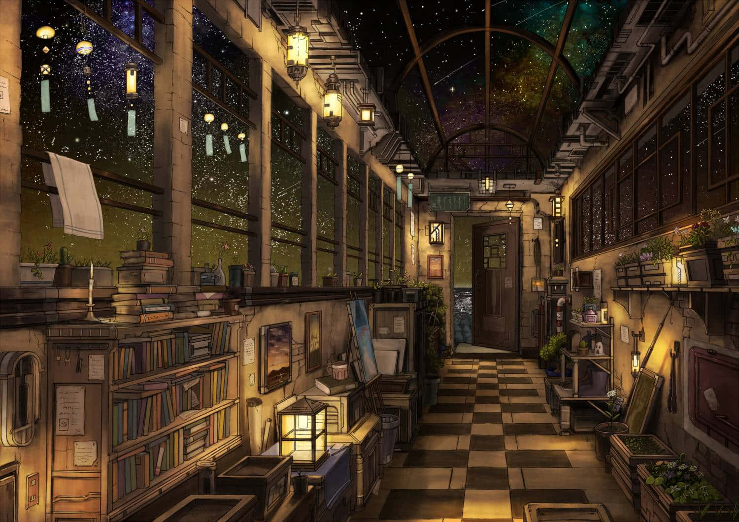cozy desktop, starlit attic gallery, vaulted glass ceiling, HD Desktop Wallpaper
