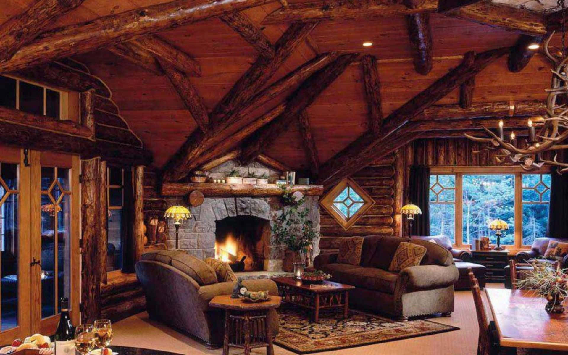 log cabin, fireplace, stone fireplace, Full HD Desktop Wallpaper