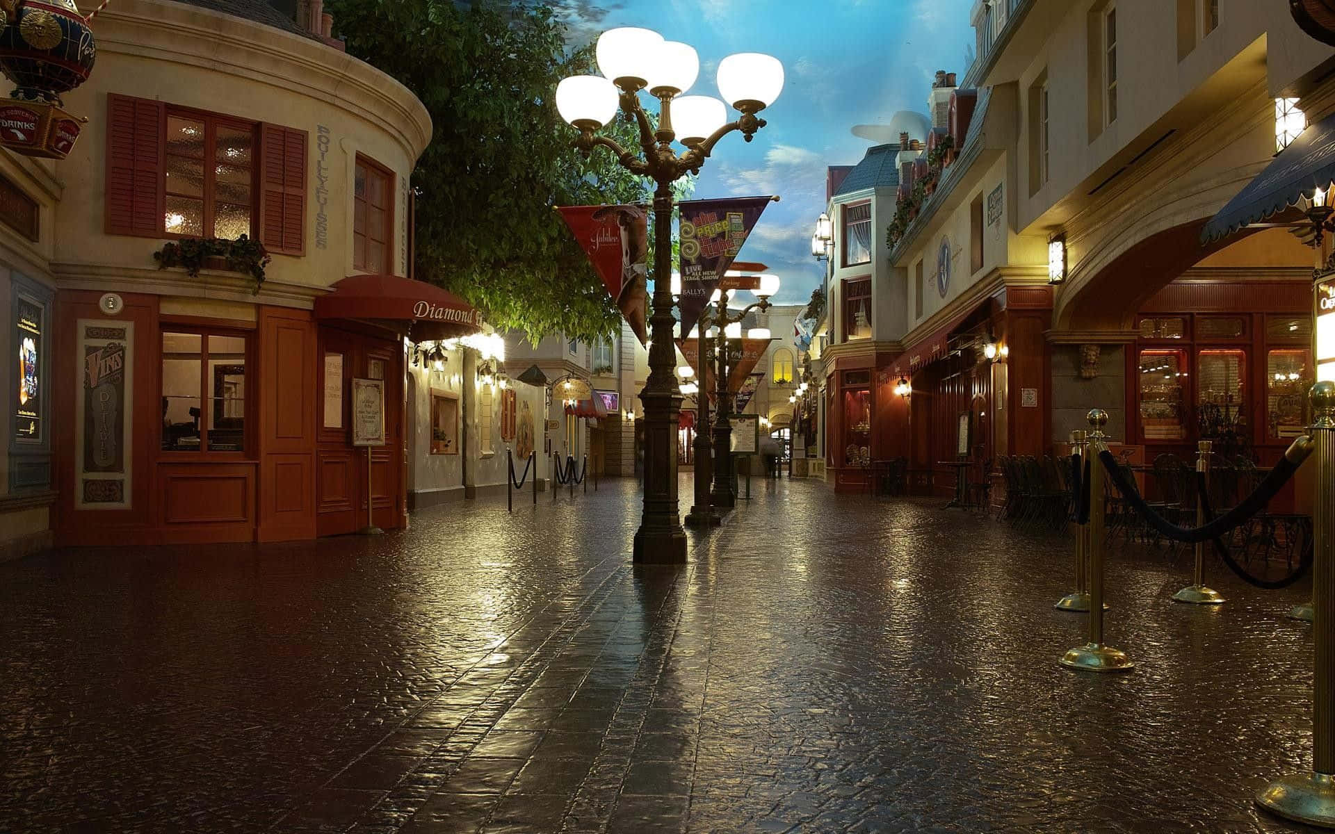 wet cobblestone street, dusk, European-style town, Full HD Desktop Wallpaper