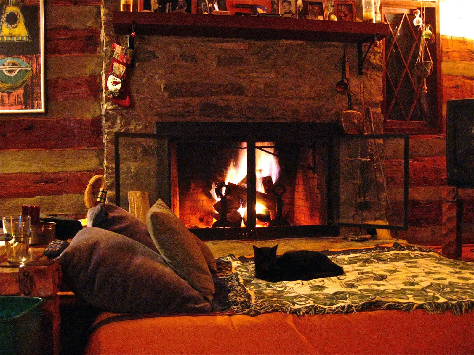 cozy log cabin interior, roaring stone fireplace, black cat, HD Desktop Wallpaper