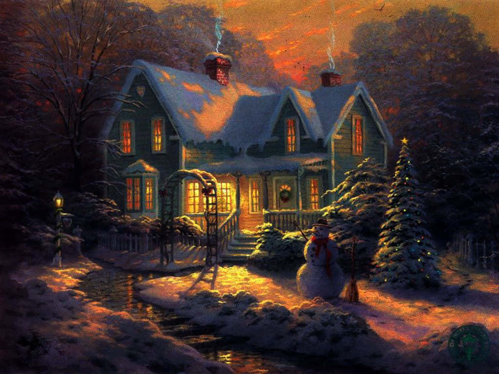 snowy house, snowman, decorated tree, SD Desktop Wallpaper