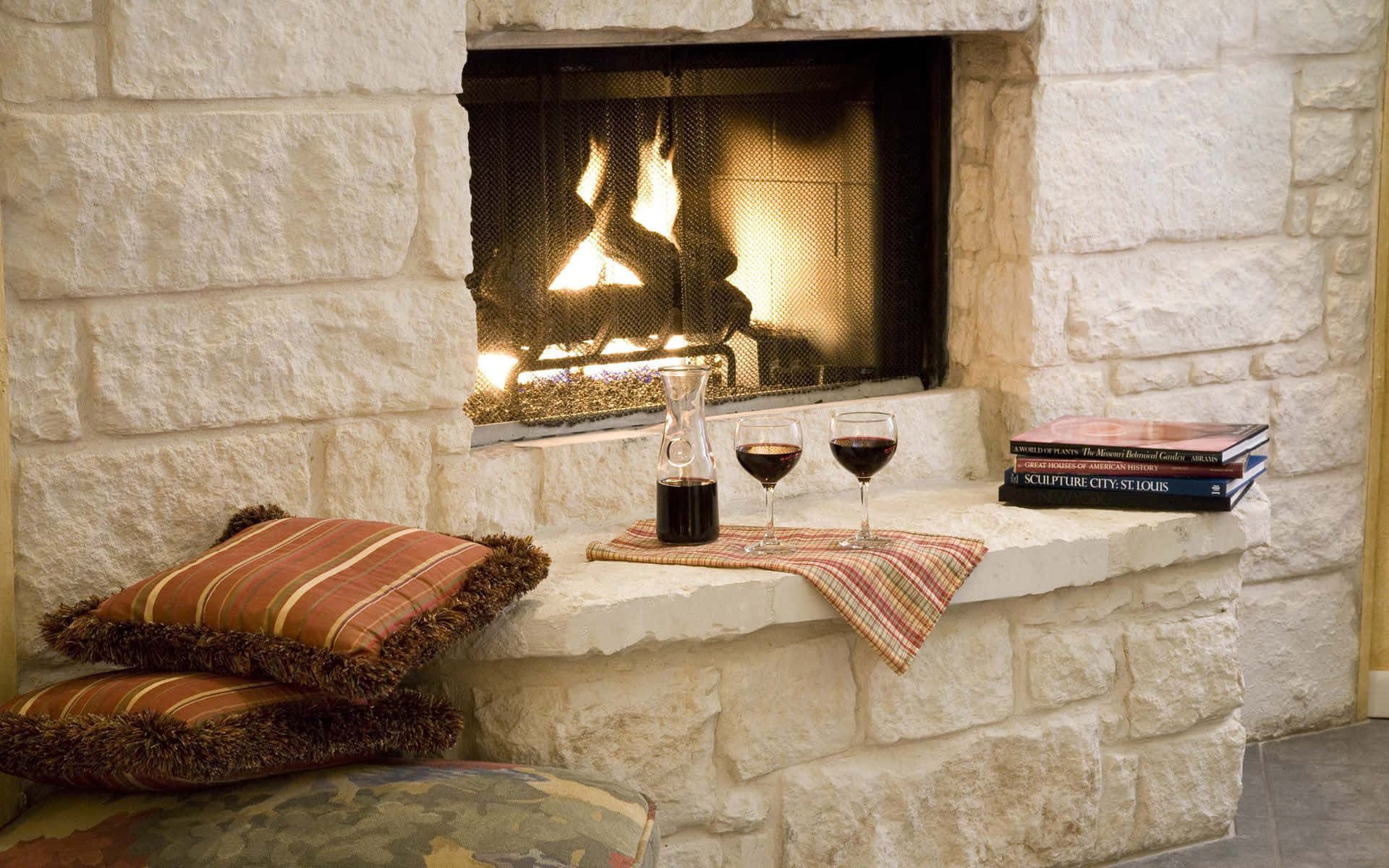 fireplace, stone fireplace, red wine, Full HD Desktop Wallpaper
