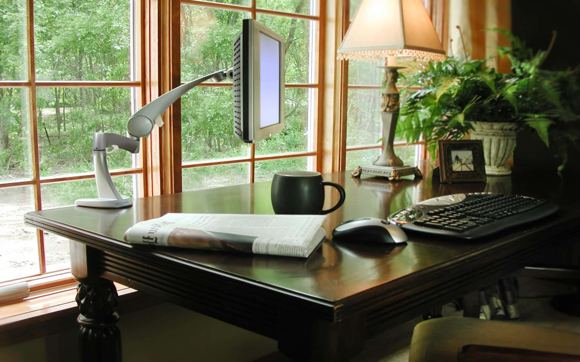 Cozy Desktop, home office desk, large window, Full HD Desktop Wallpaper