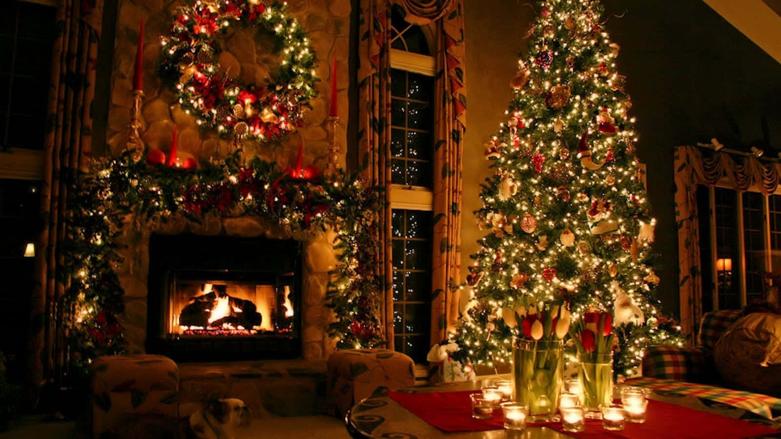 Christmas tree, living room, glowing stone fireplace, HD Desktop Wallpaper