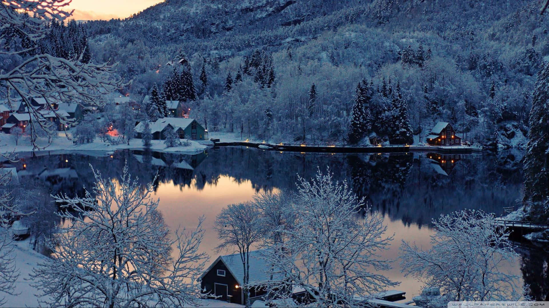 Cozy Desktop, snow, tranquil lakeside village, Full HD Desktop Wallpaper